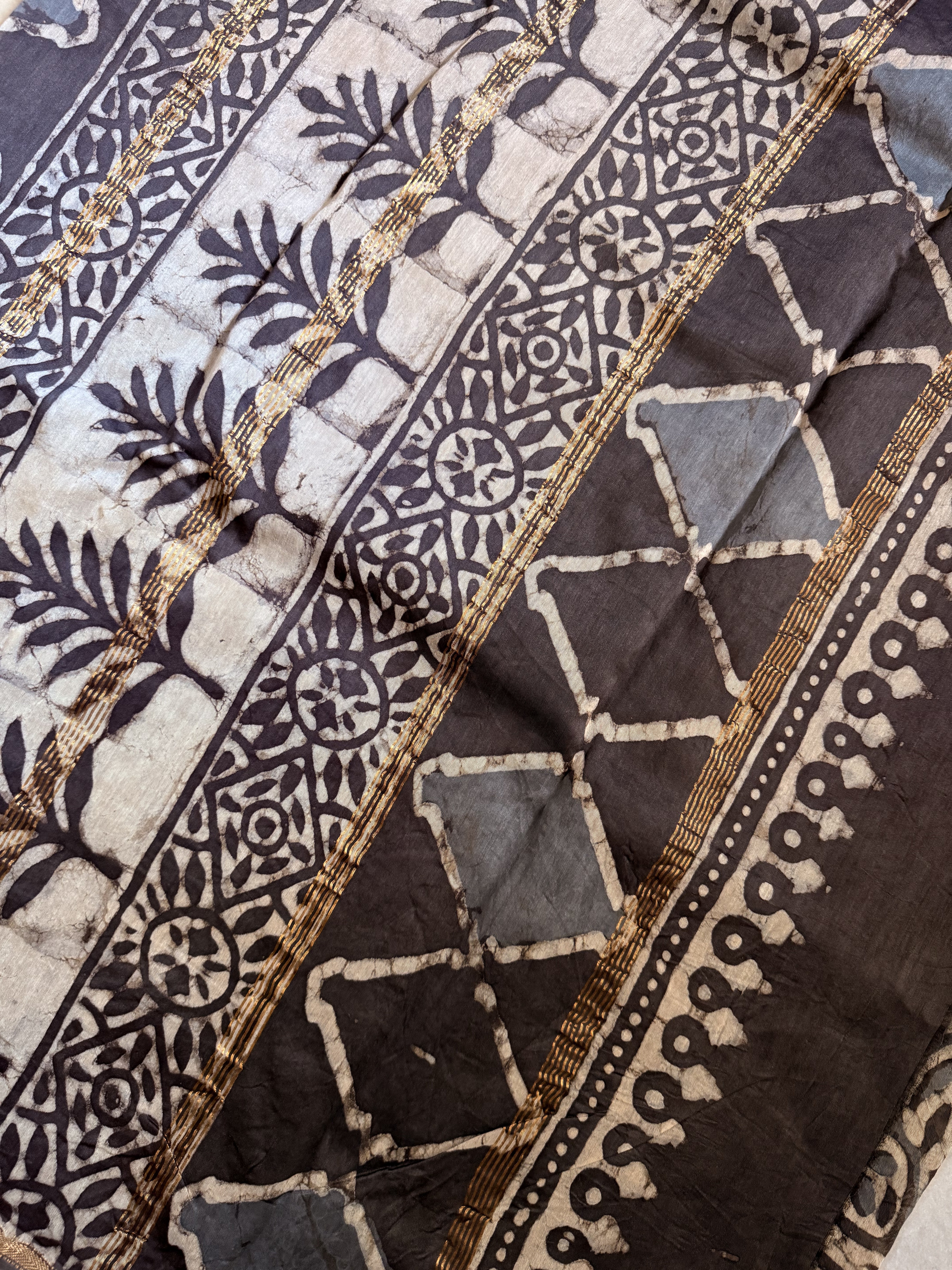 Leela | White and Grey Block Printed Chanderi Saree