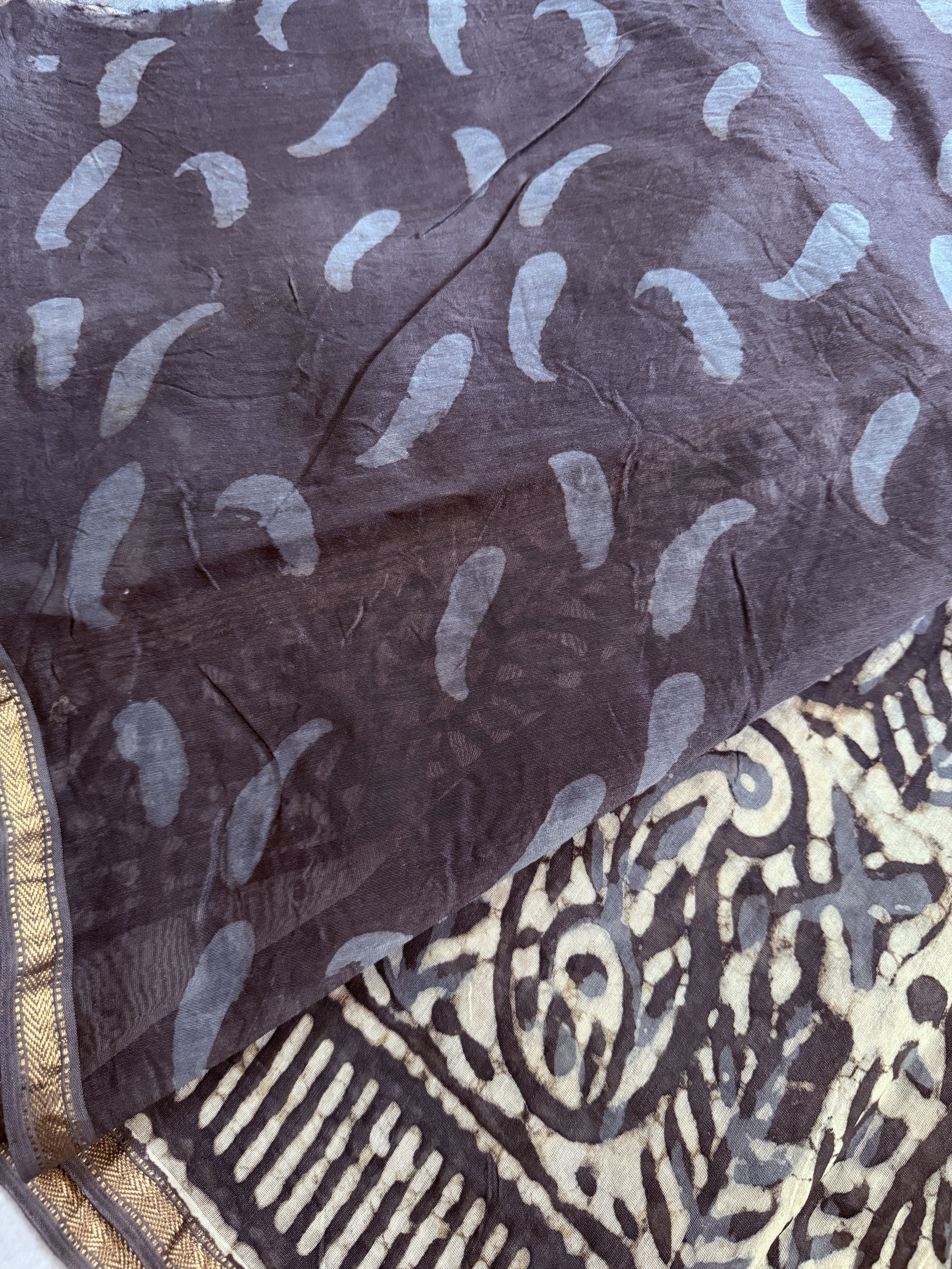 Leela | White and Grey Block Printed Chanderi Saree