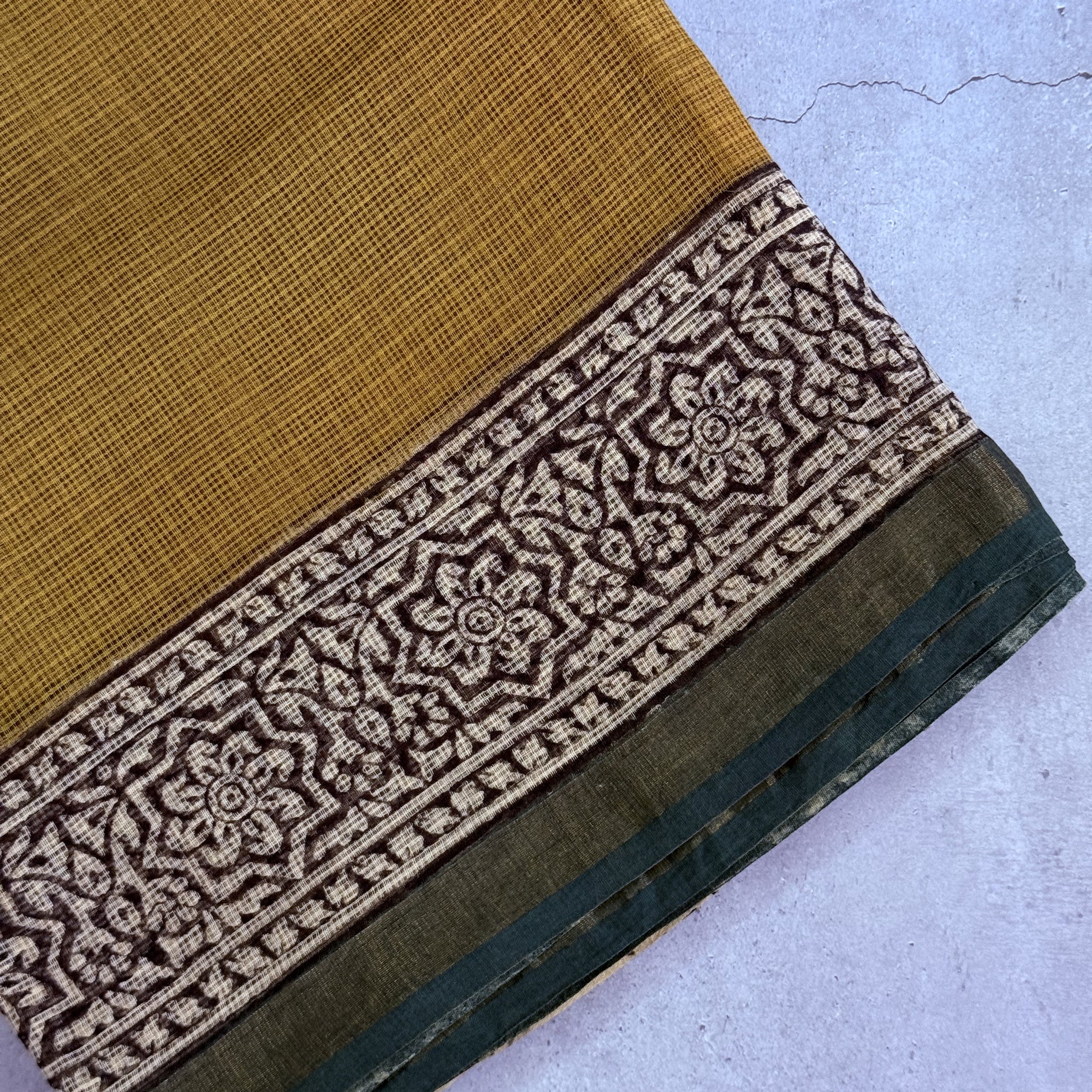Krishna | Mustard and Green Block Printed Kota Saree