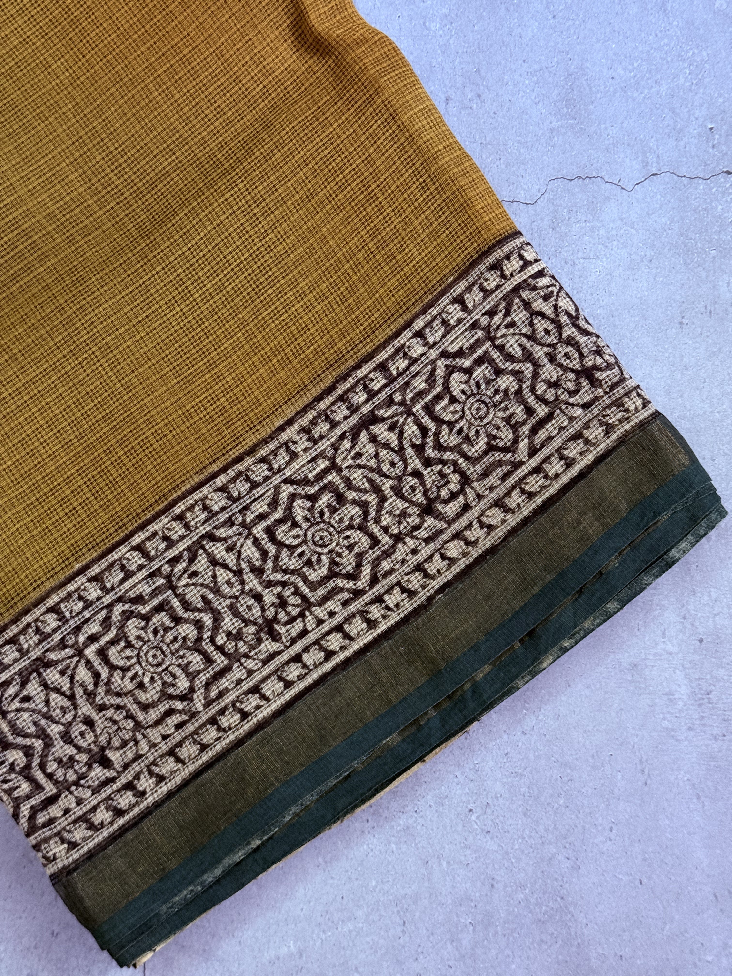Krishna | Mustard and Green Block Printed Kota Saree
