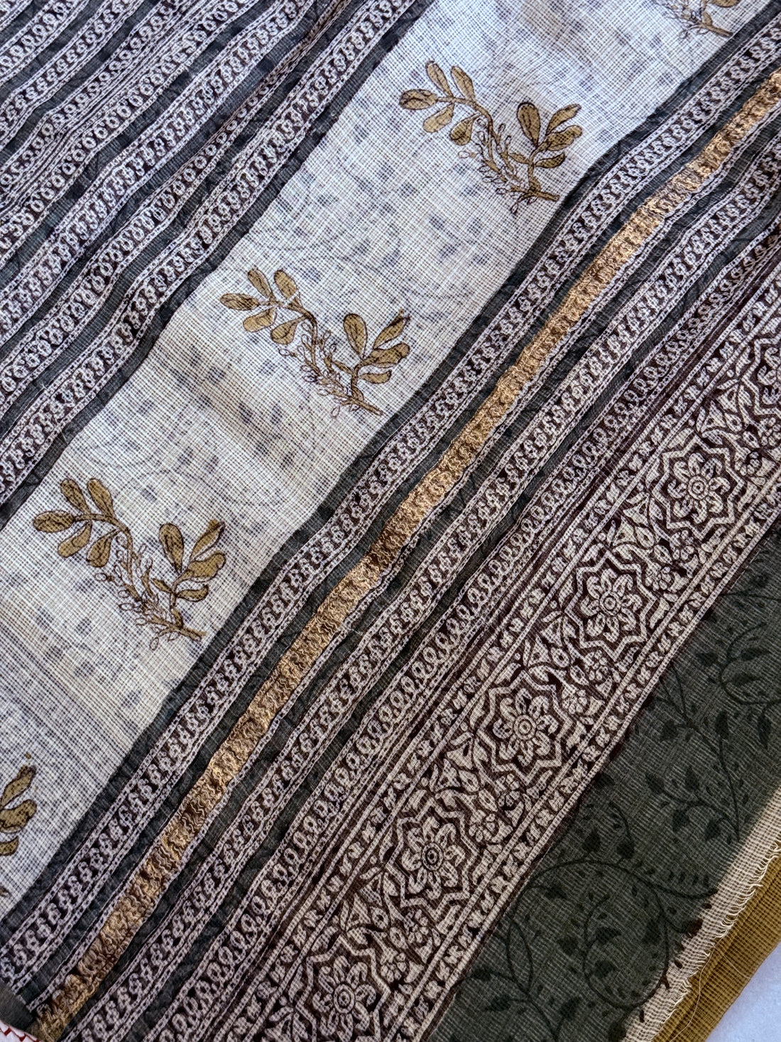Krishna | Mustard and Green Block Printed Kota Saree