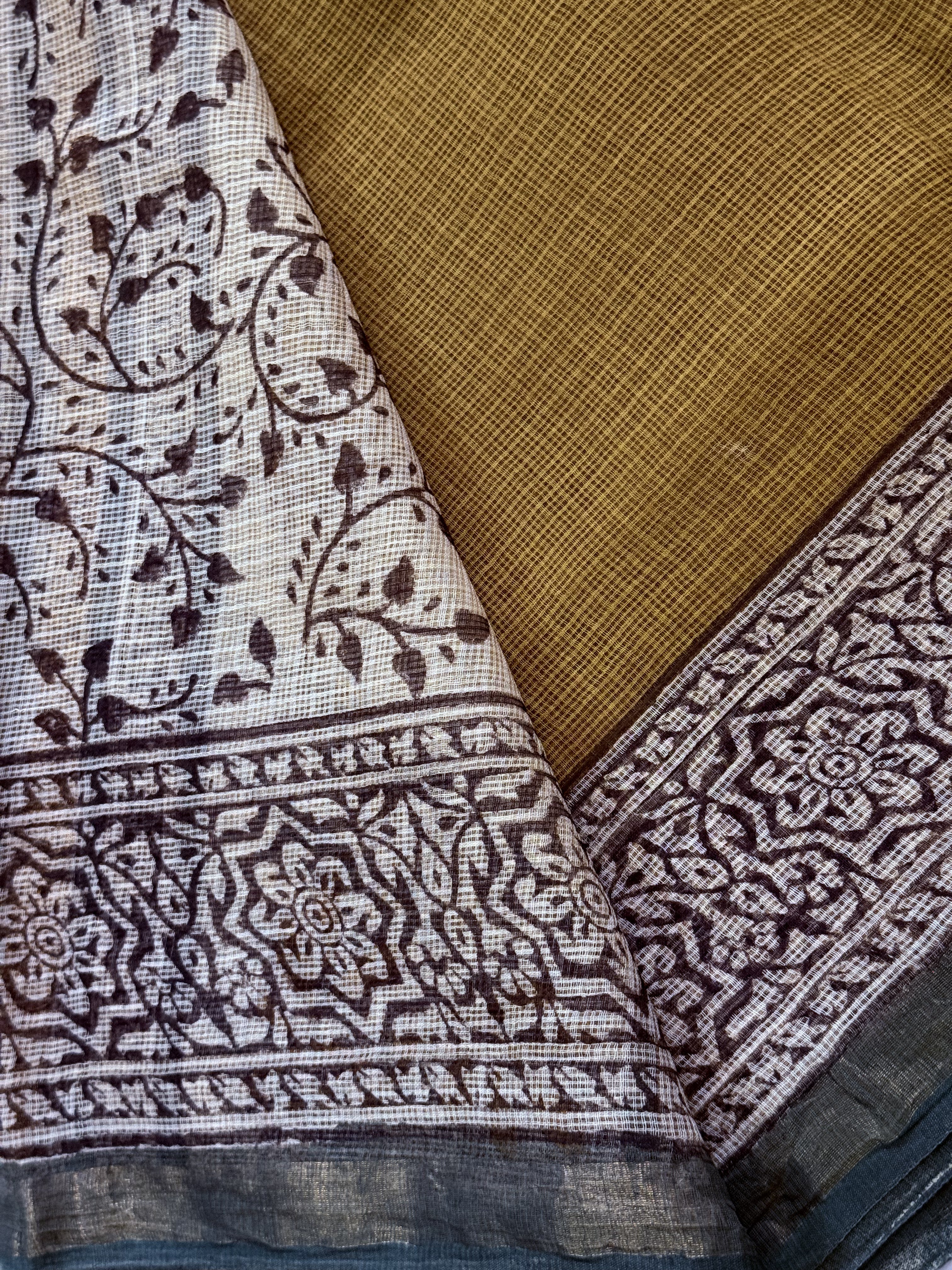 Krishna | Mustard and Green Block Printed Kota Saree
