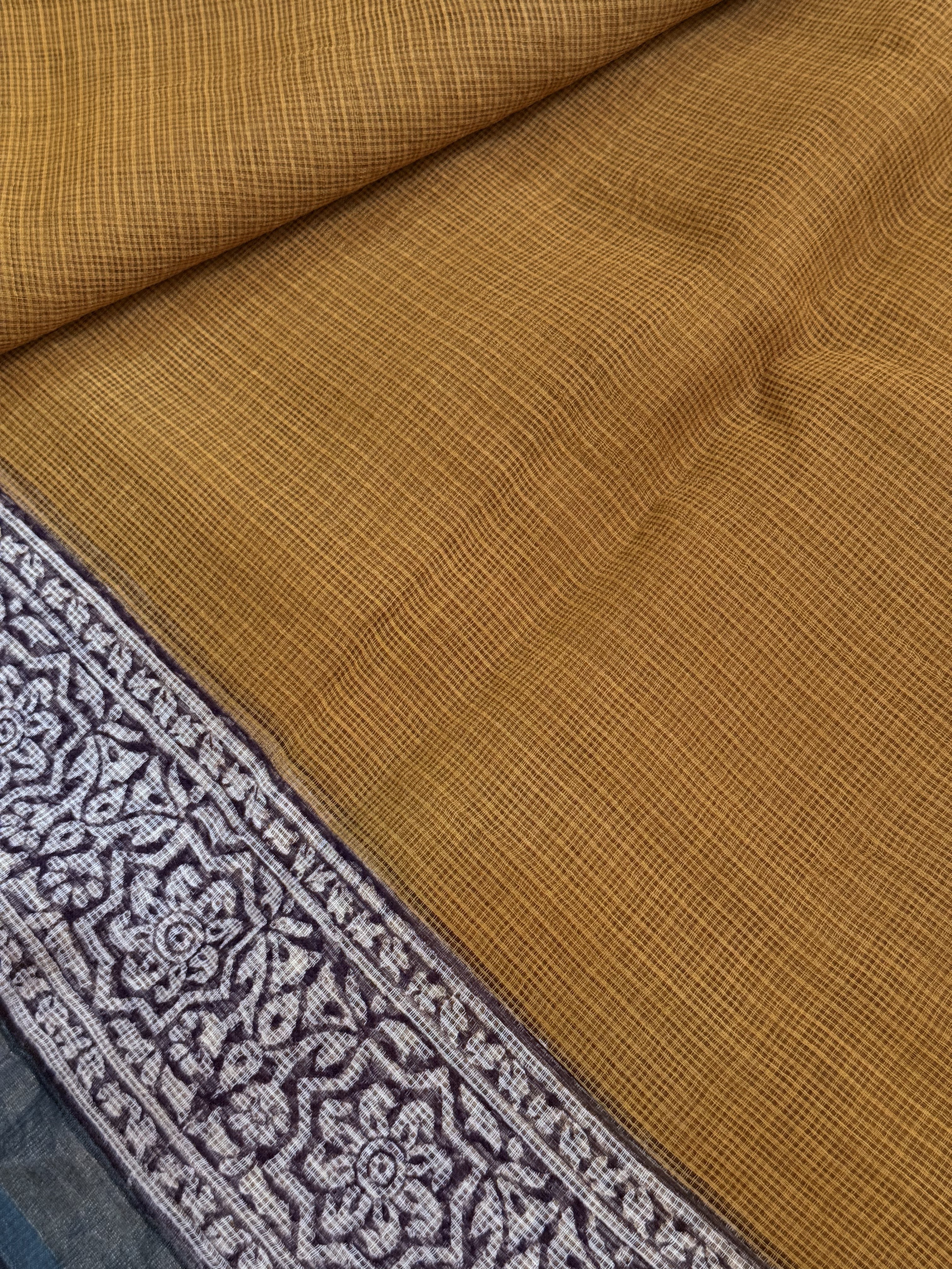 Krishna | Mustard and Green Block Printed Kota Saree