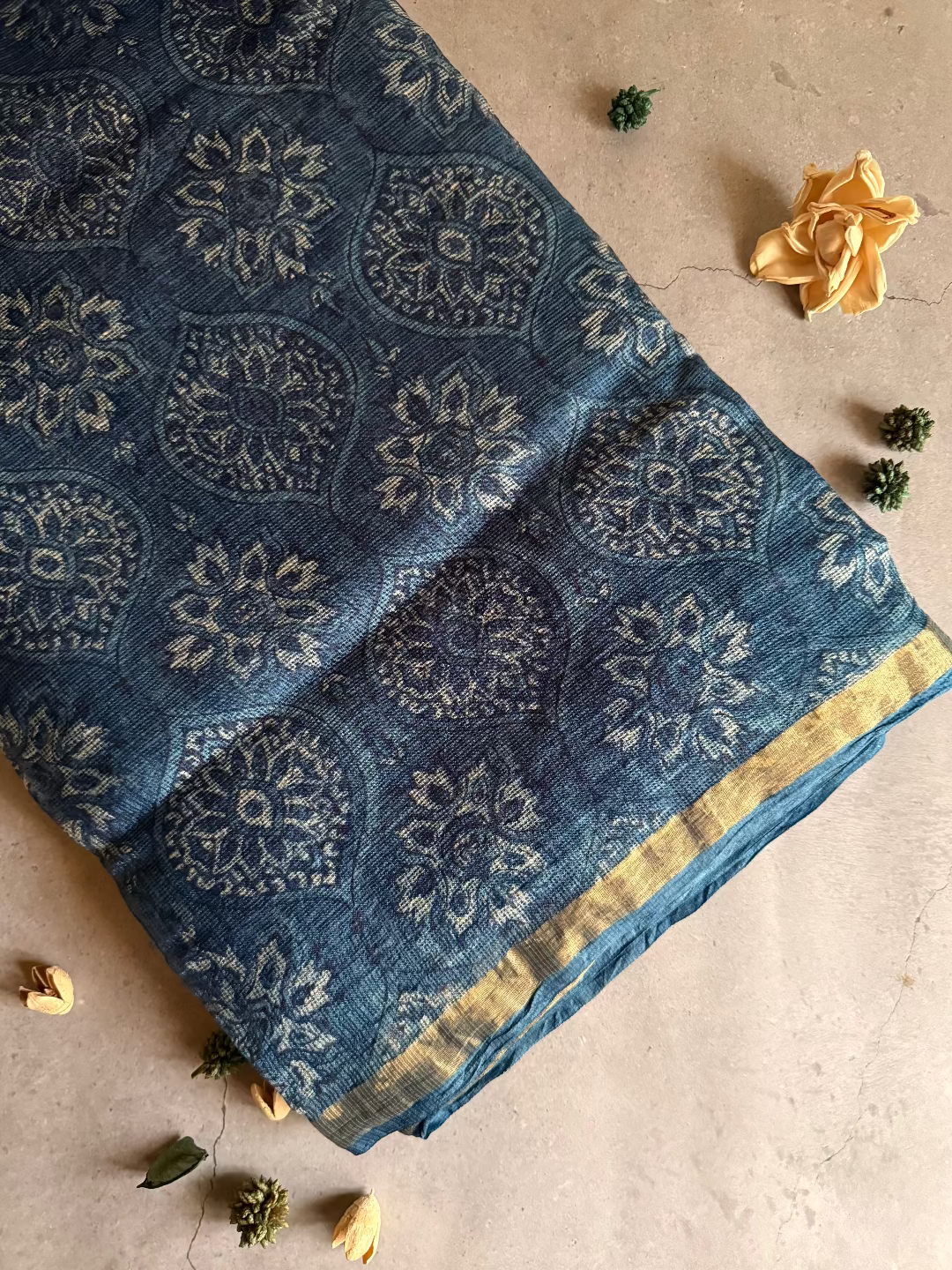 Meghavarna | Indigo Block Printed Kota Silk Saree