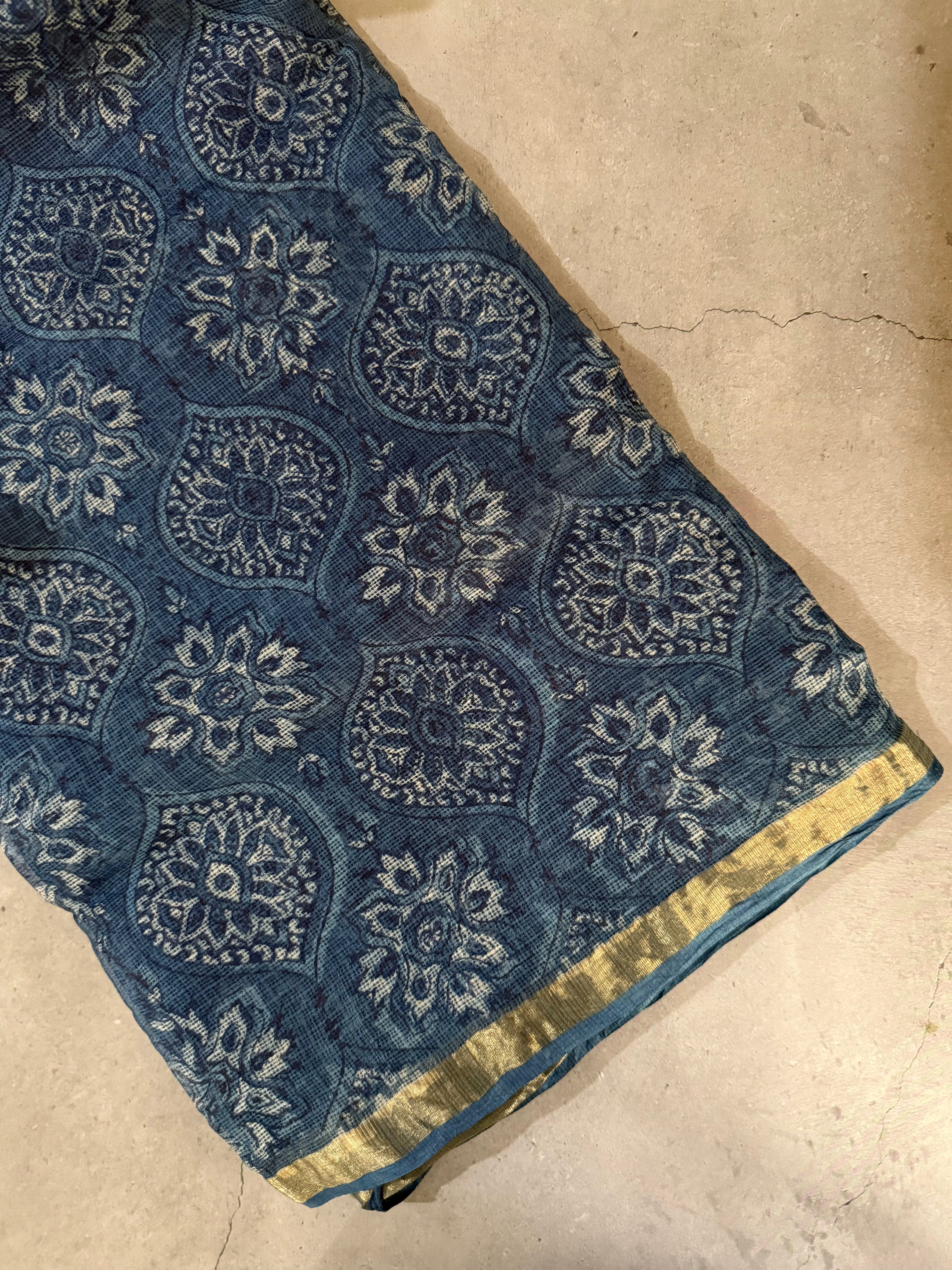 Meghavarna | Indigo Block Printed Kota Silk Saree