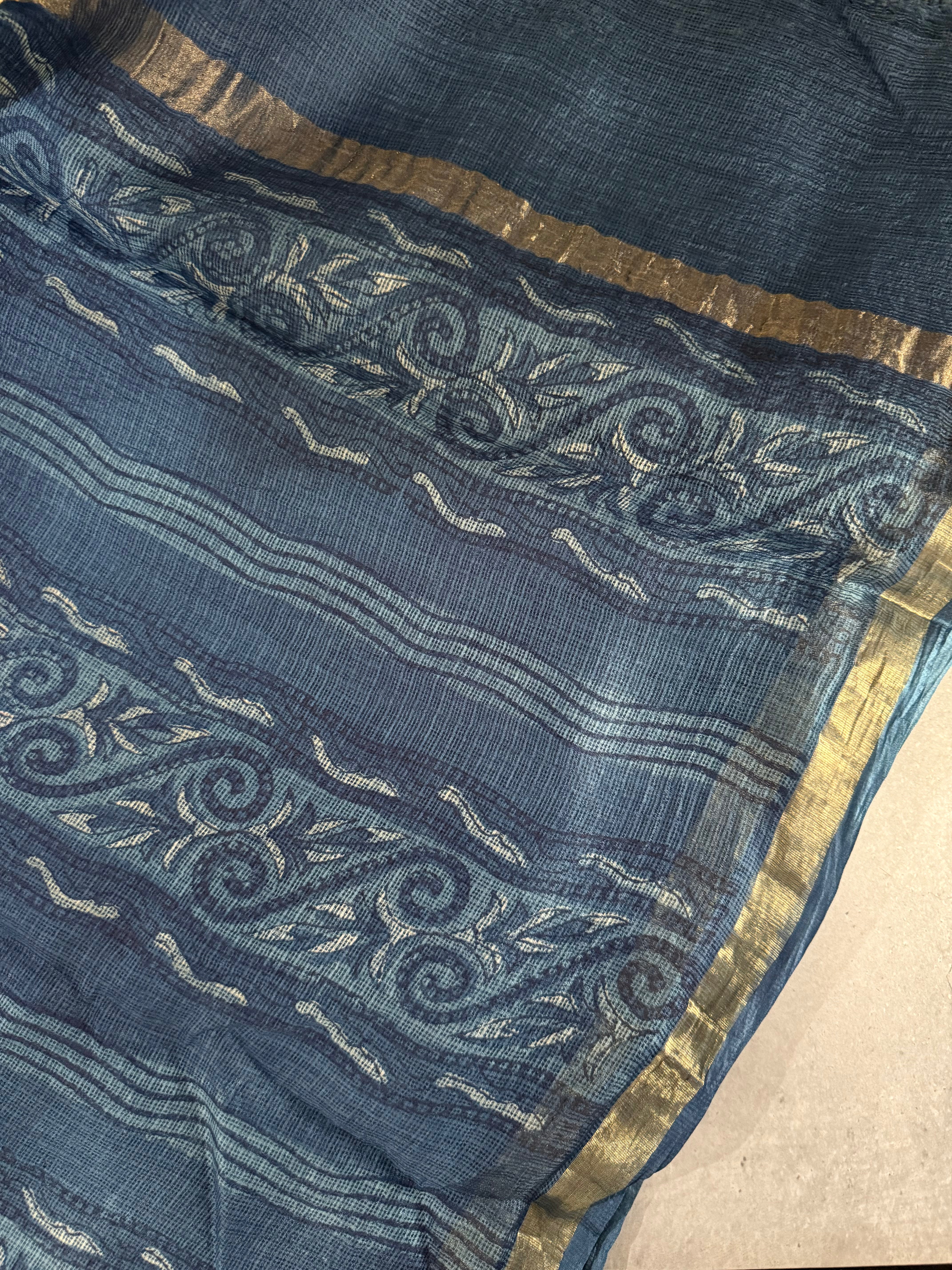 Meghavarna | Indigo Block Printed Kota Silk Saree