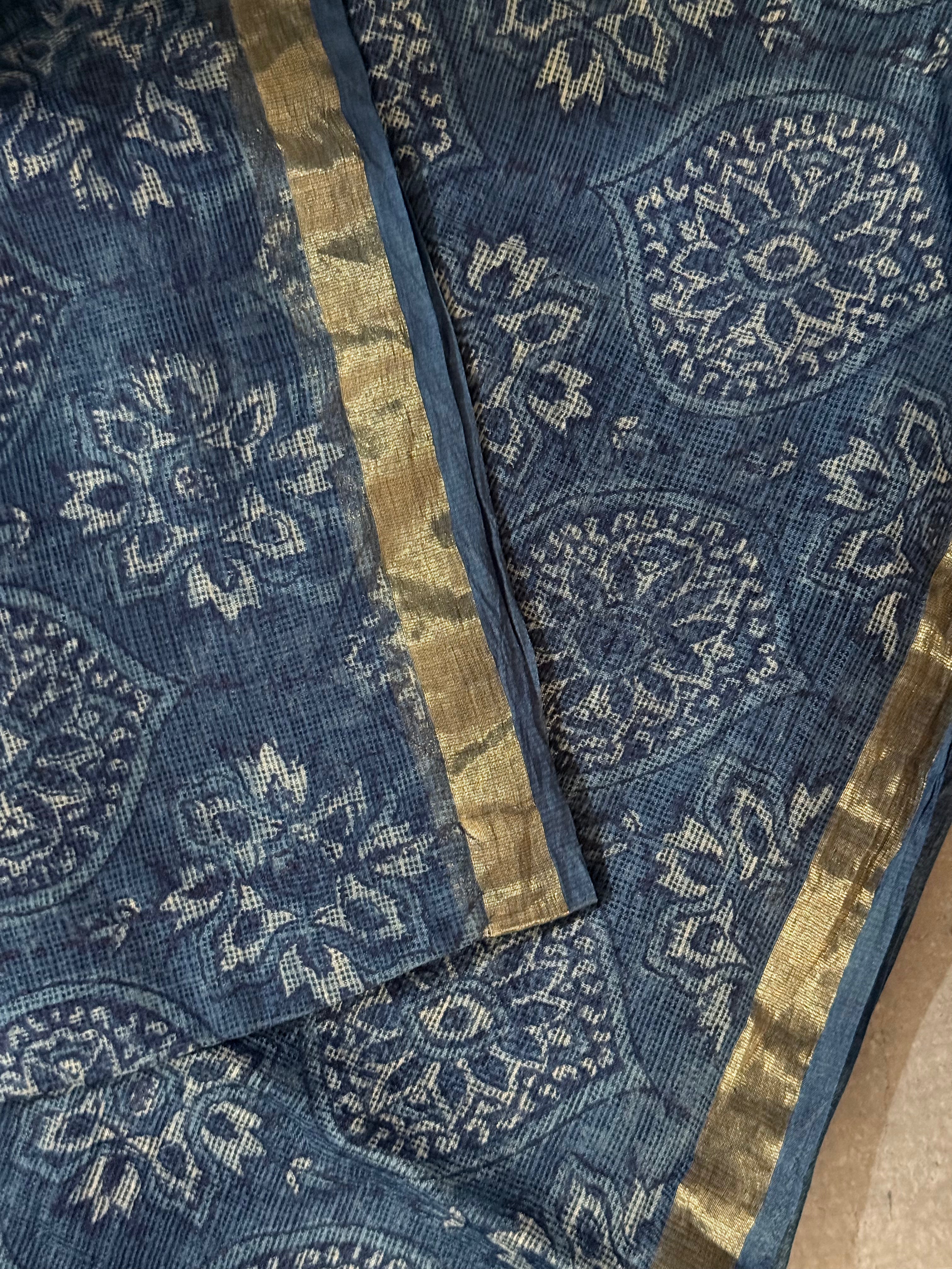 Meghavarna | Indigo Block Printed Kota Silk Saree
