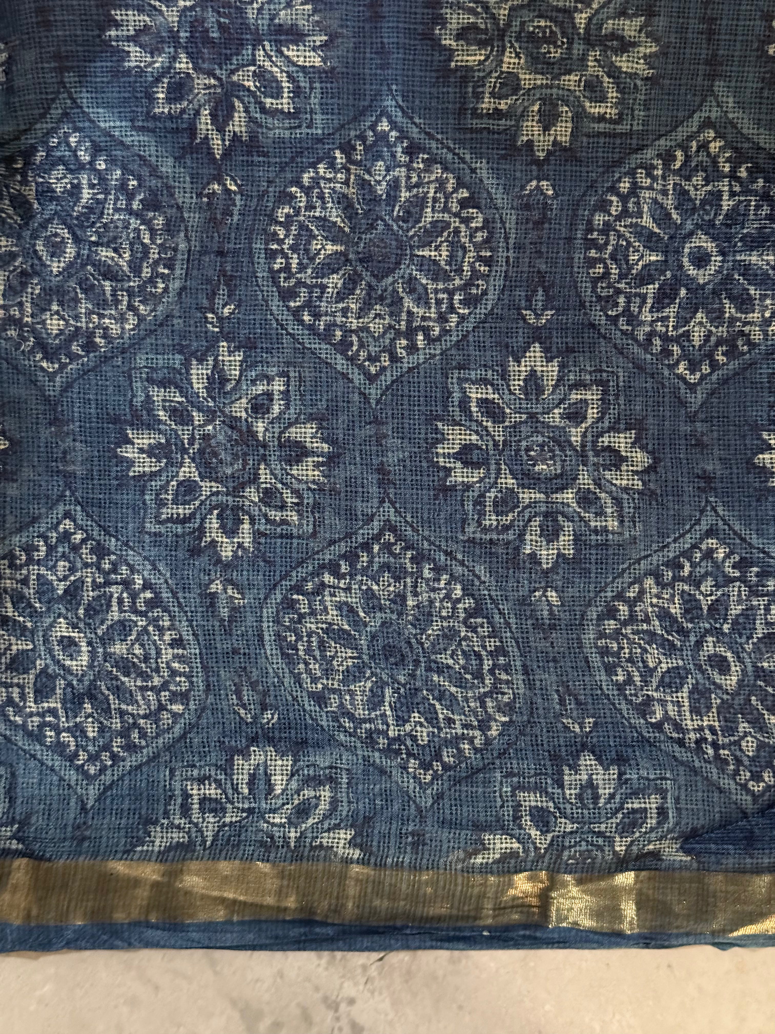 Meghavarna | Indigo Block Printed Kota Silk Saree