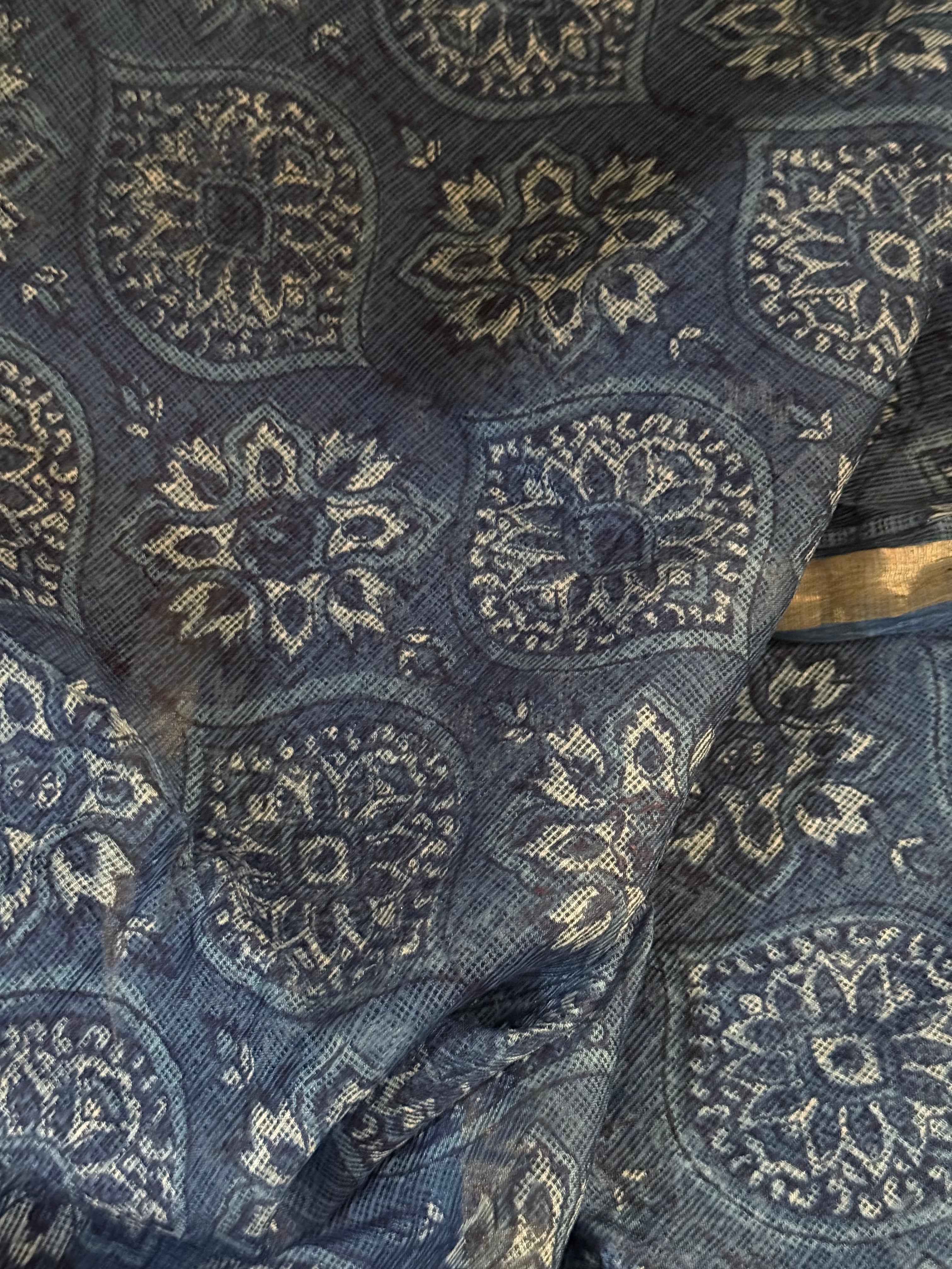 Meghavarna | Indigo Block Printed Kota Silk Saree