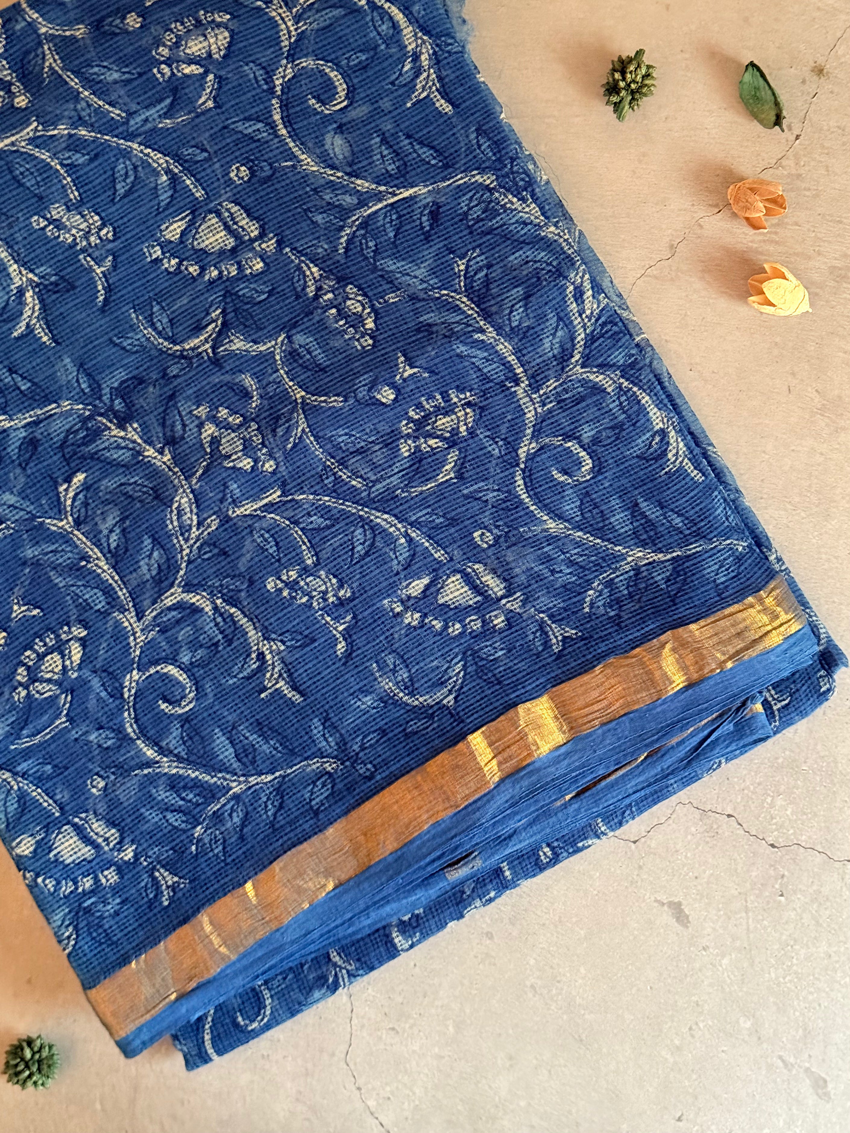 Neelantara | Indigo Block Floral Printed Kota Saree