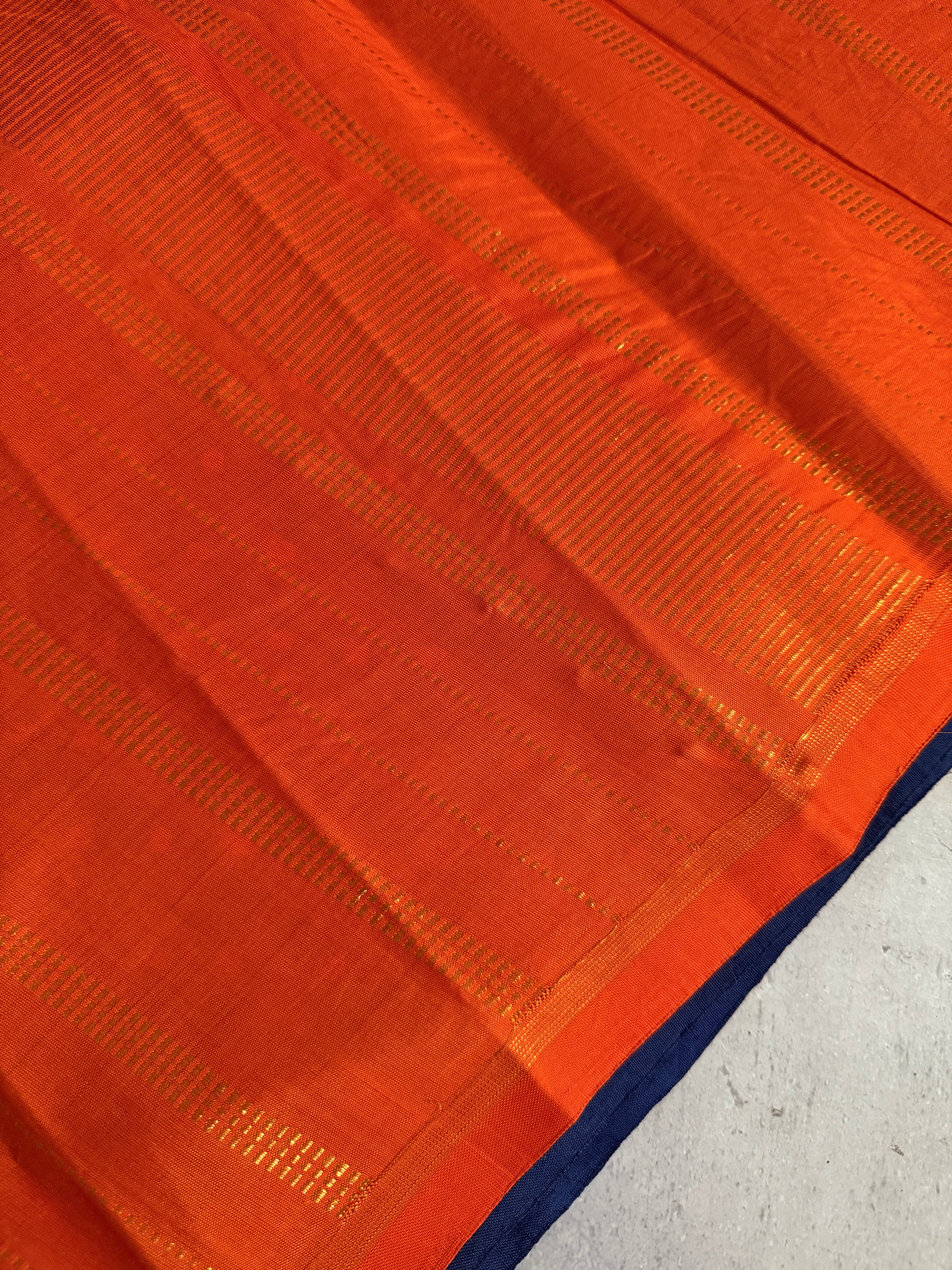 Sandhana | Navy Blue and Orange Crafted Kanjivaram silk saree
