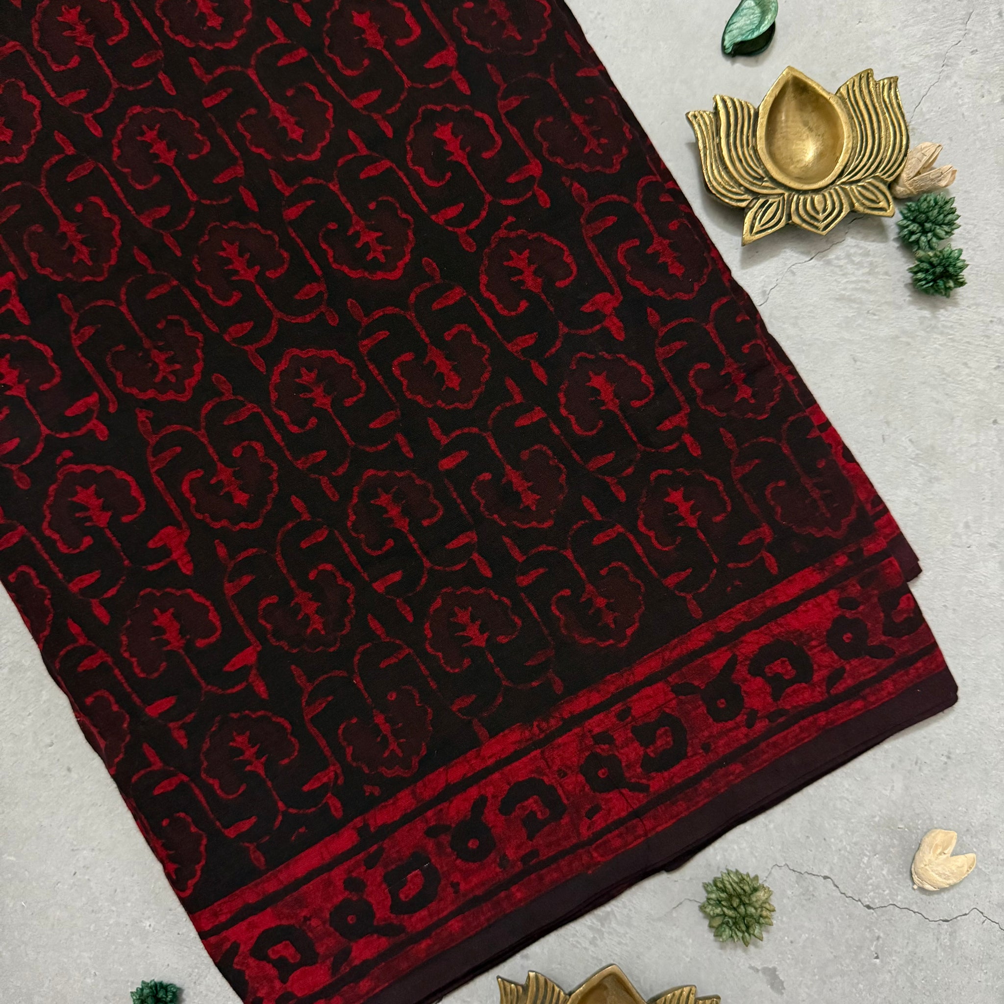 Raagvika | Black and Red Block Printed Mul Cotton Saree