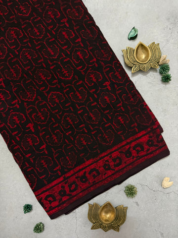 Raagvika | Black and Red Block Printed Mul Cotton Saree