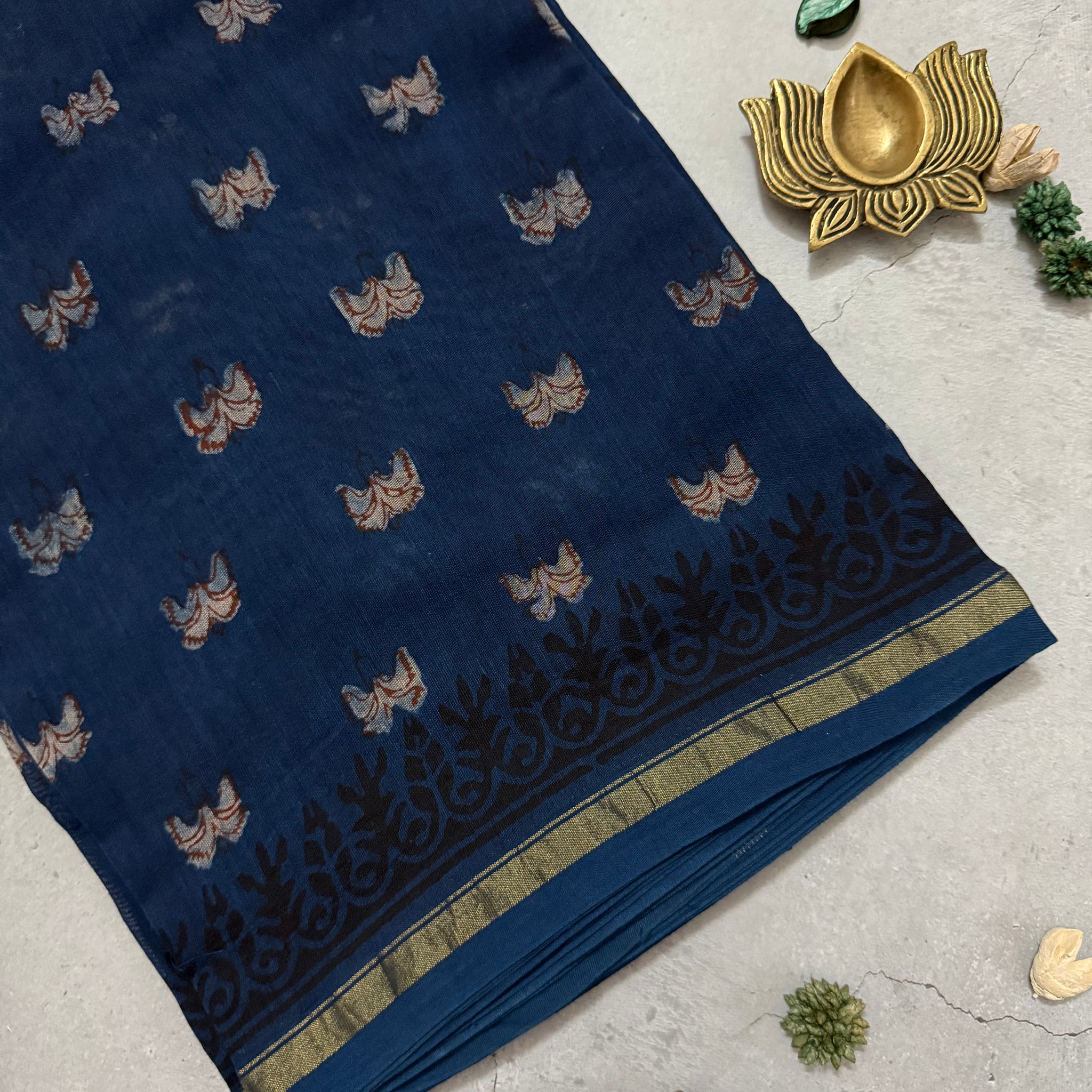 Kaushiki | Indigo Akola Block Printed Chanderi Saree