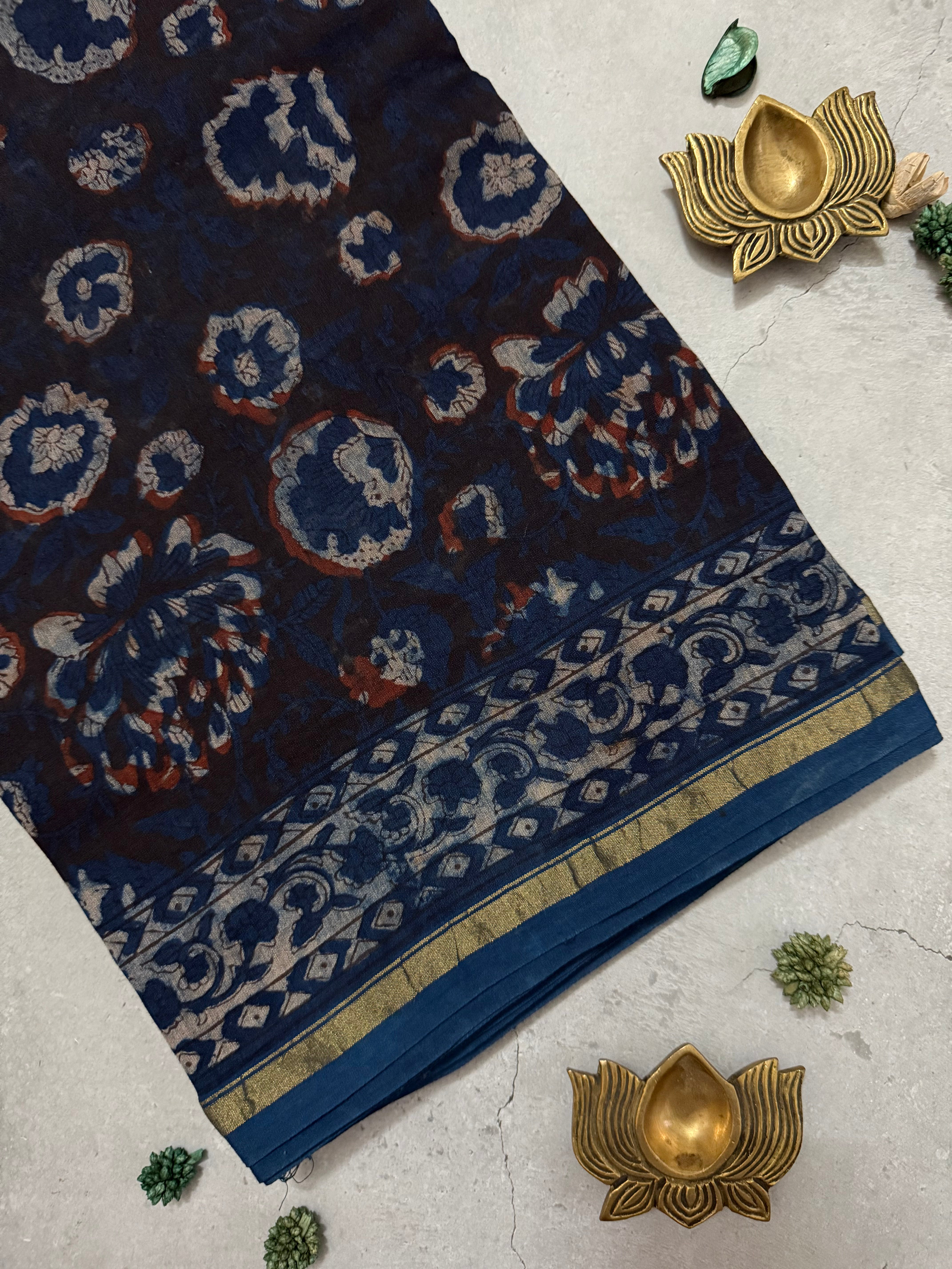 Mritika | Indigo Akola Block Printed Chanderi Saree