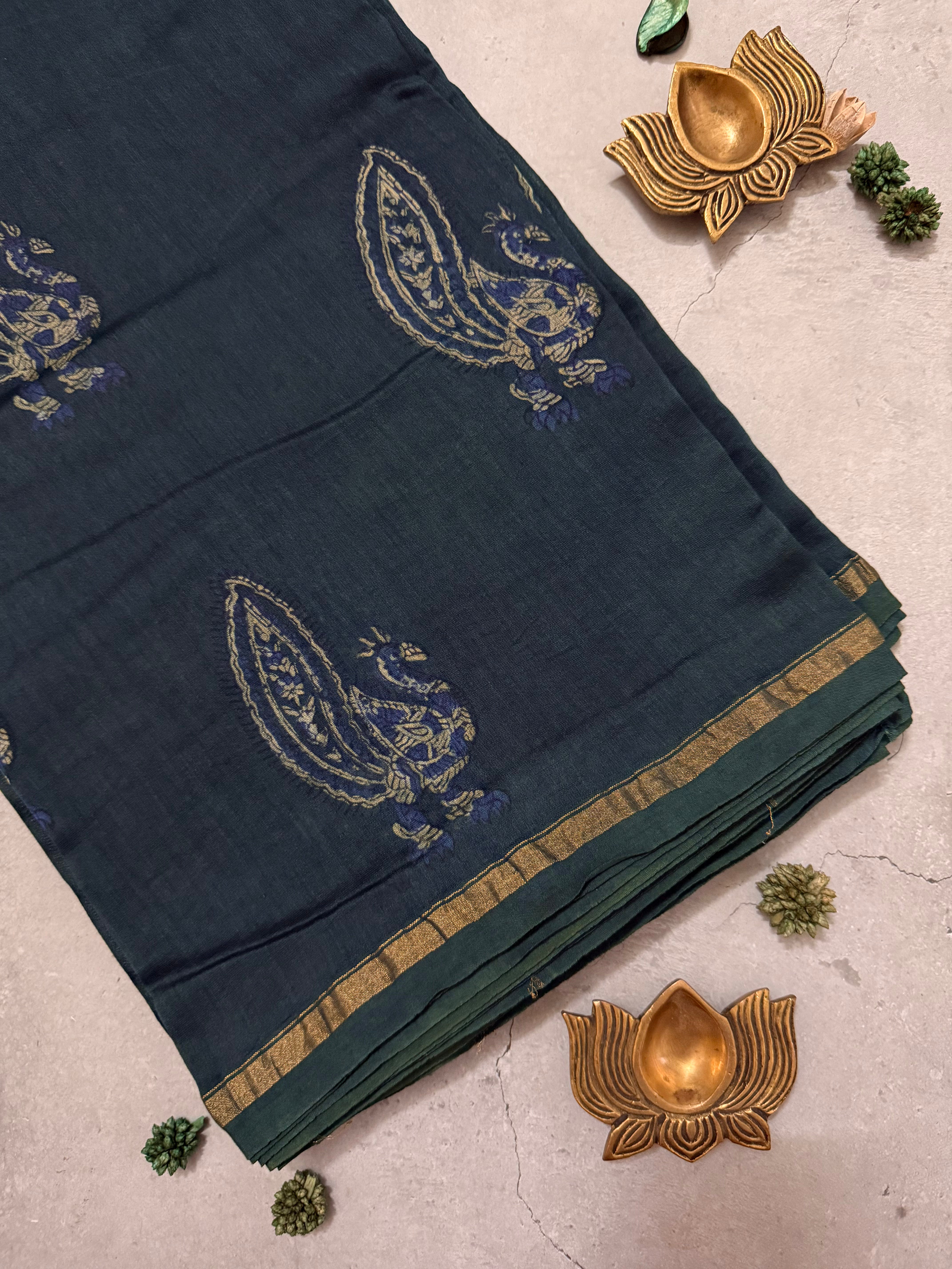 Ruthaksha | Bottle Green Akola Block Printed Chanderi Saree
