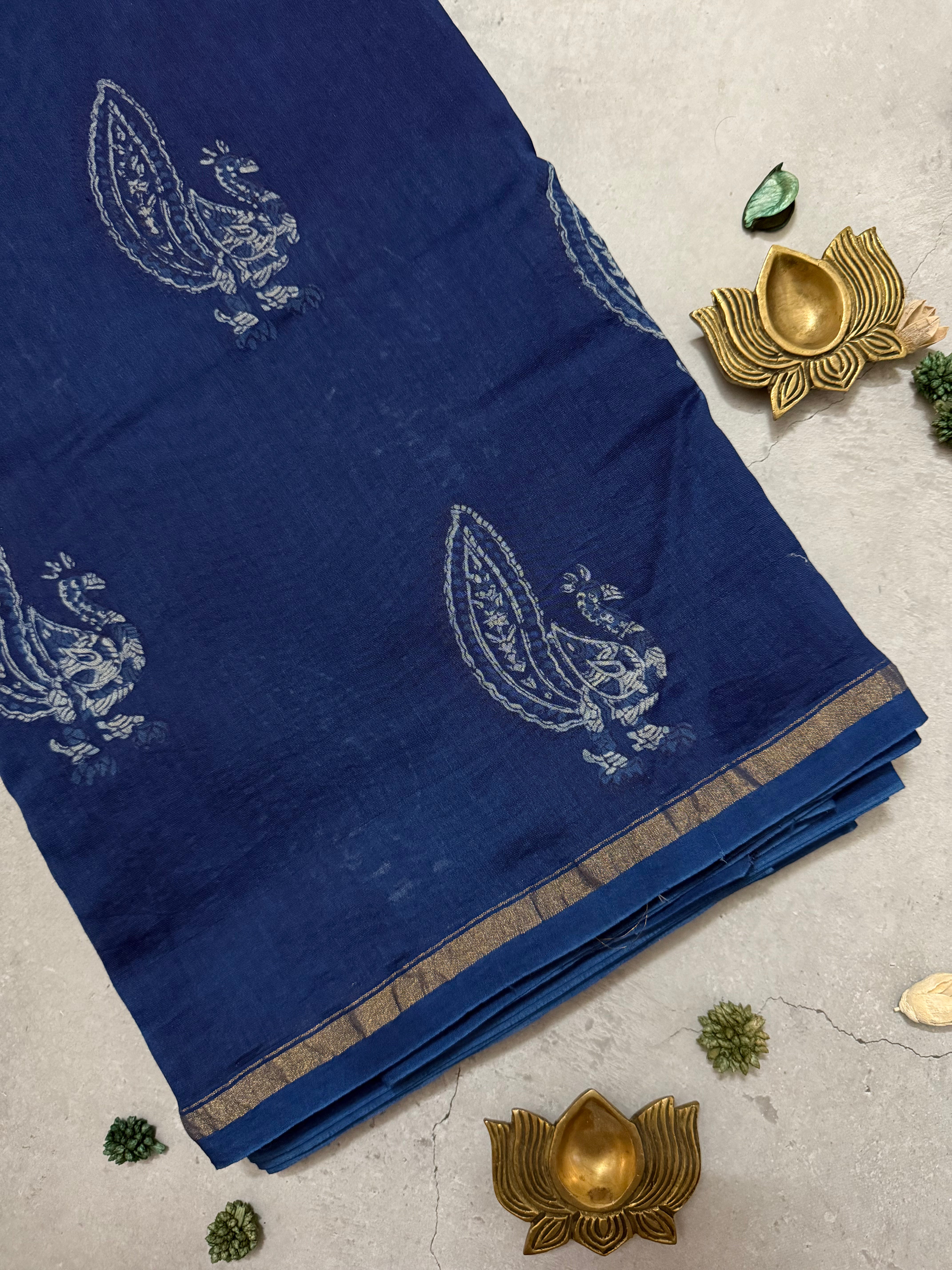 Tamalika | Indigo Akola Block Printed Chanderi Saree