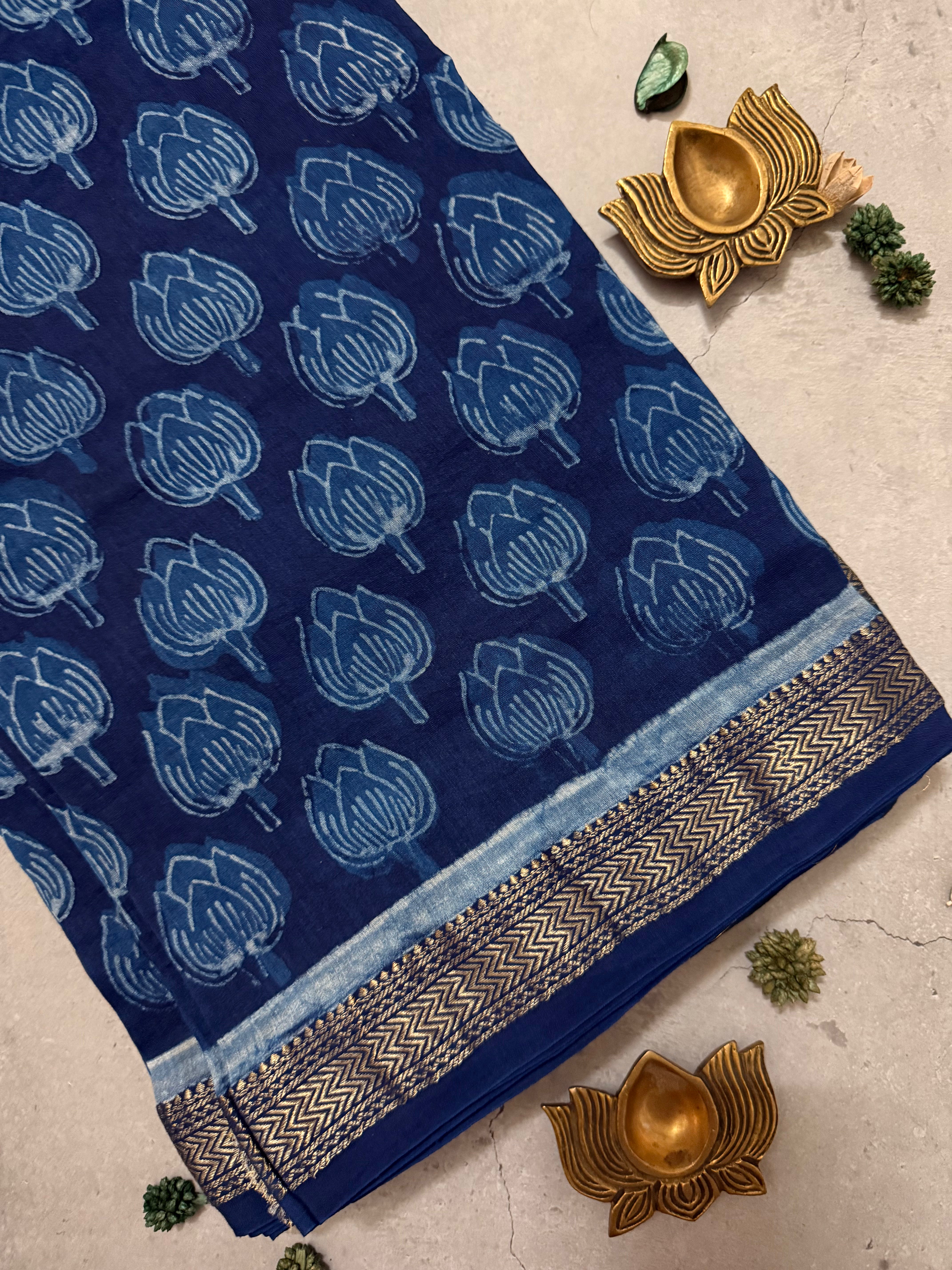 Shringara | Indigo Akola Block Printed Maheshwari Saree
