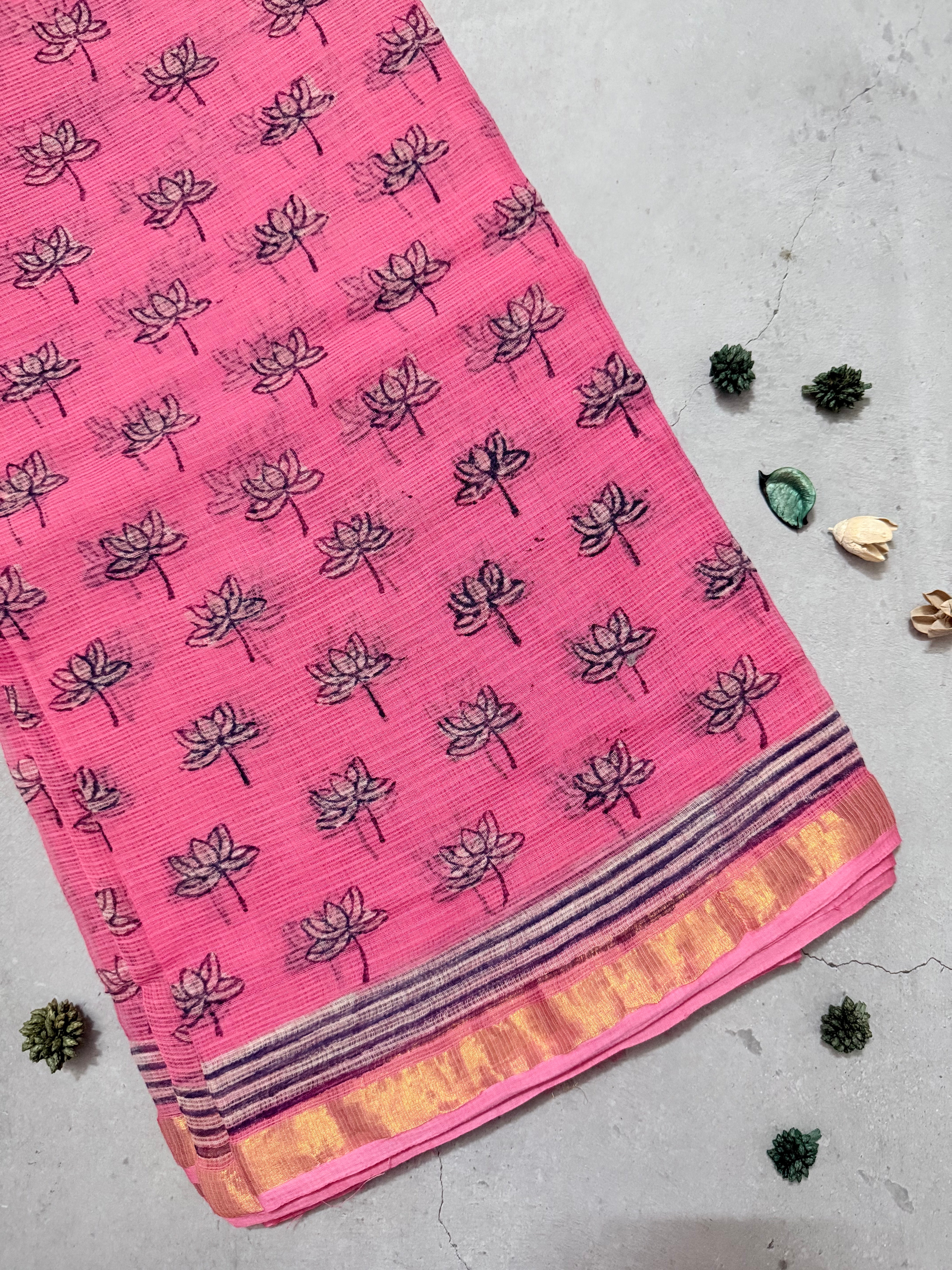 Niralya | Pink Lotus Block Printed Kota Saree