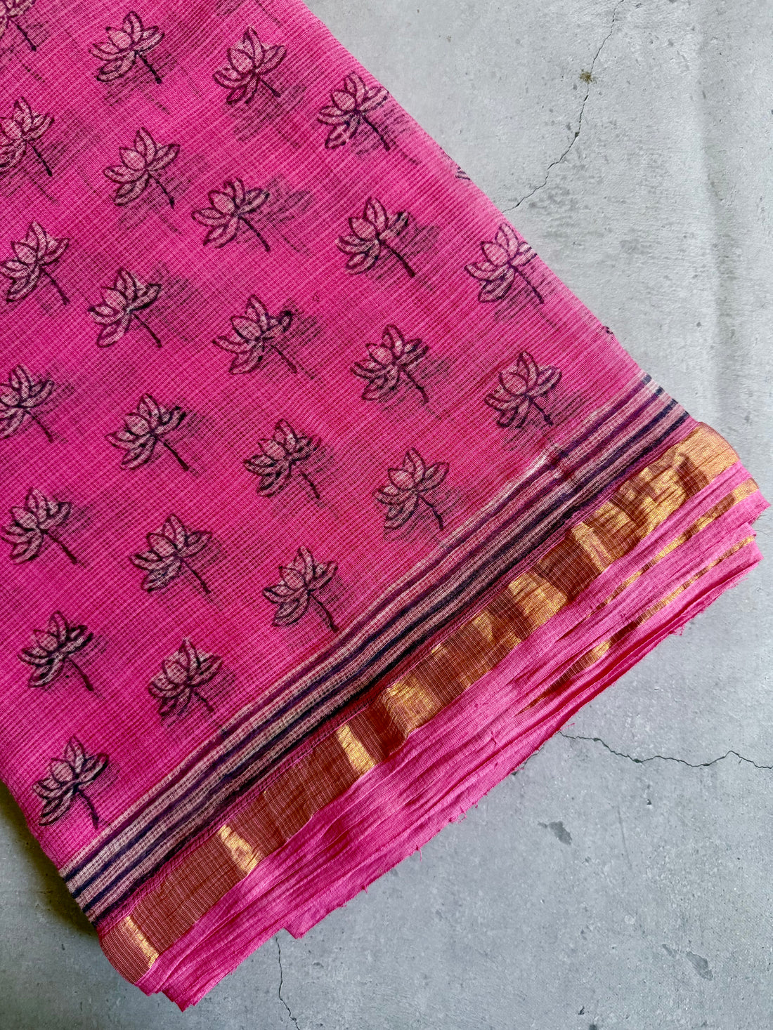 Niralya | Pink Lotus Block Printed Kota Saree