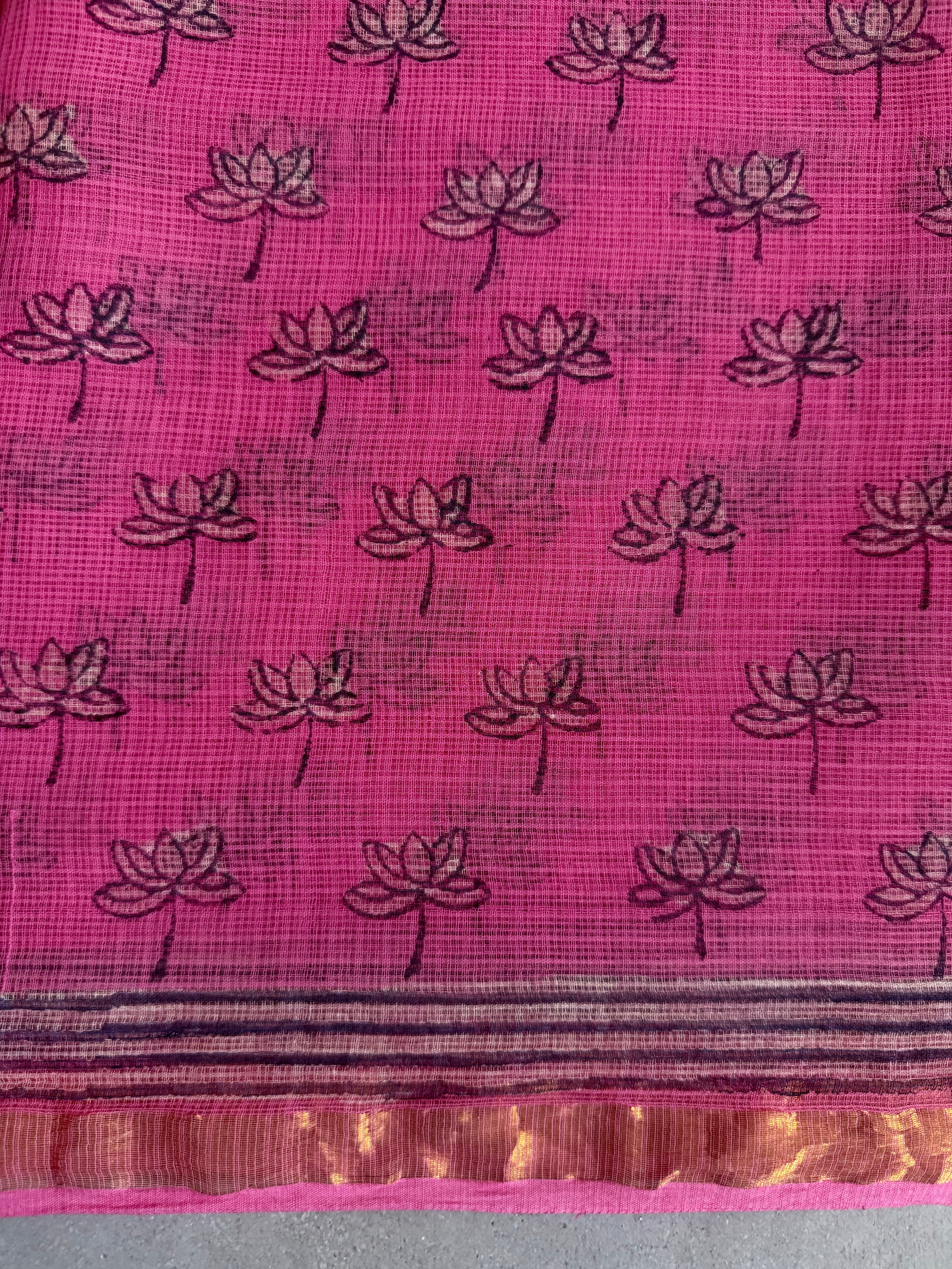 Niralya | Pink Lotus Block Printed Kota Saree