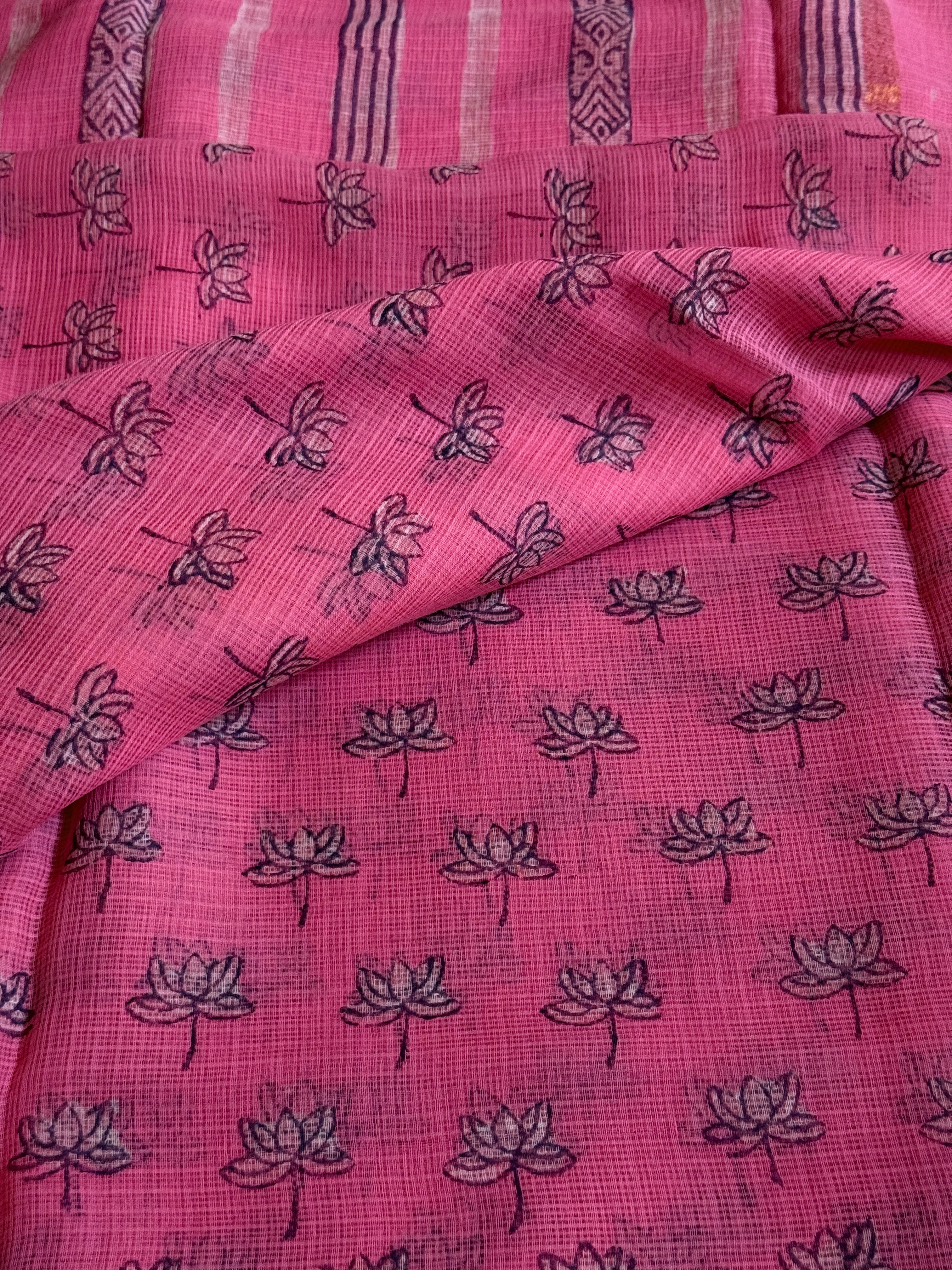 Niralya | Pink Lotus Block Printed Kota Saree