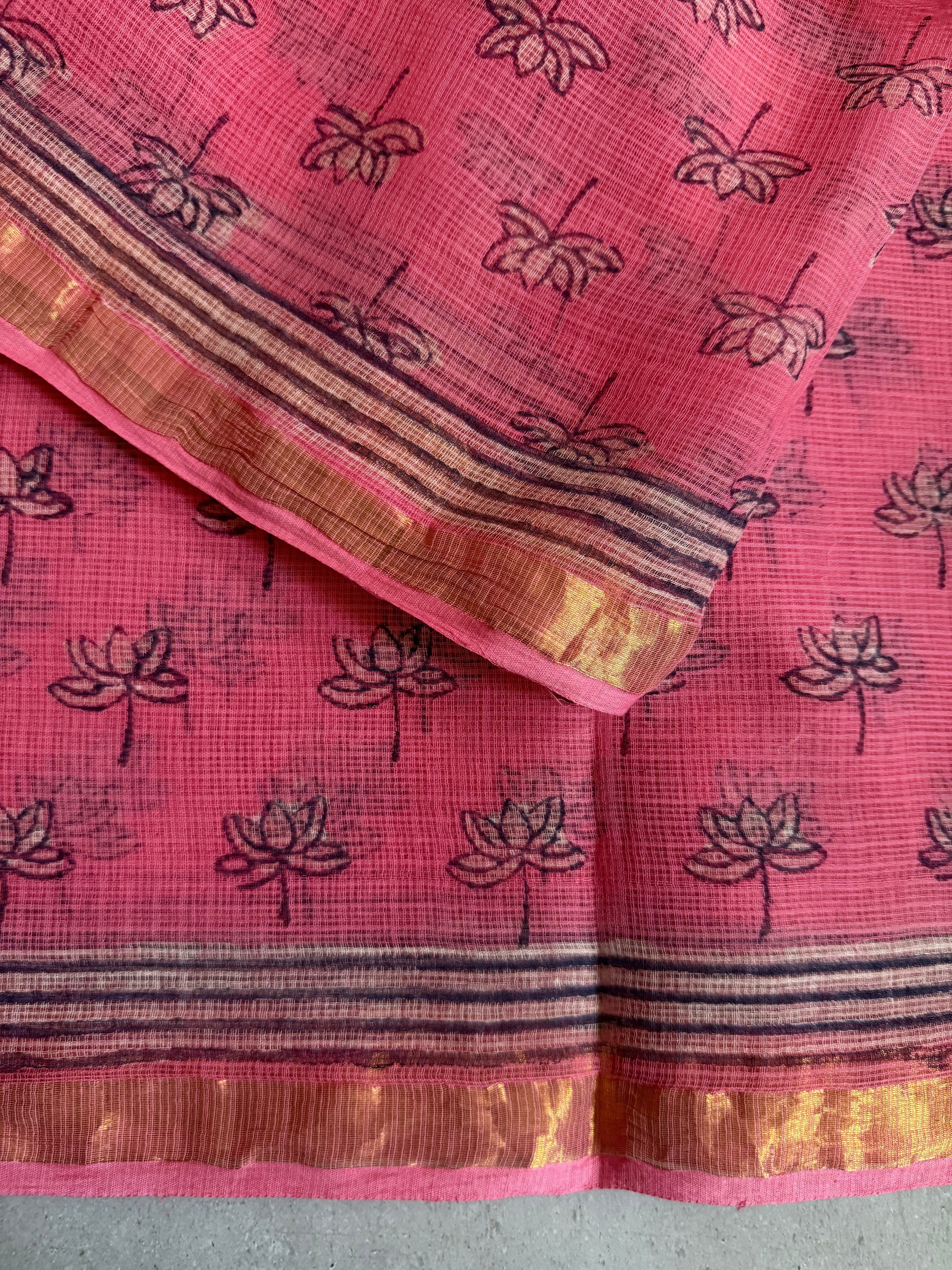 Niralya | Pink Lotus Block Printed Kota Saree