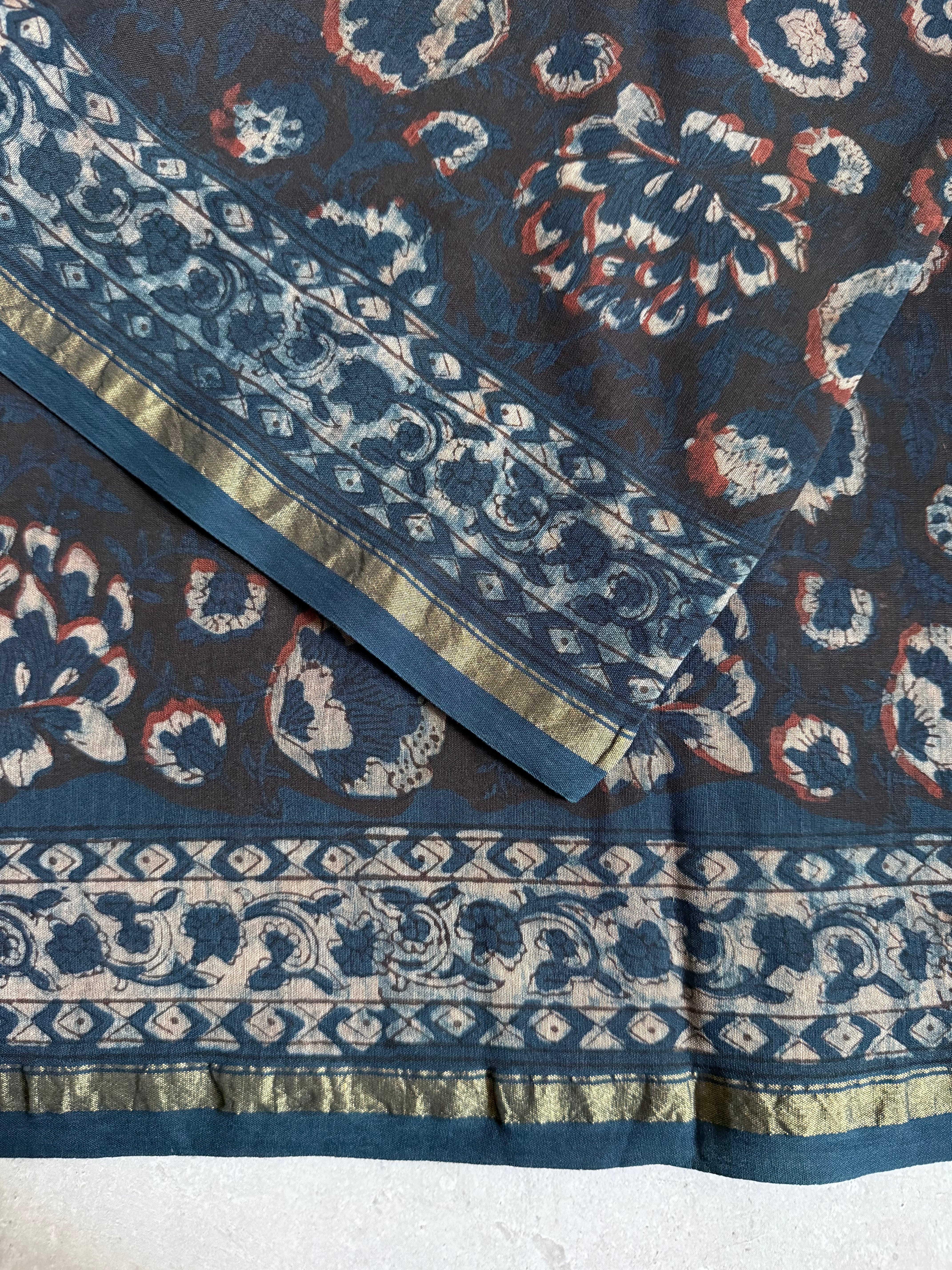 Mritika | Indigo Akola Block Printed Chanderi Saree
