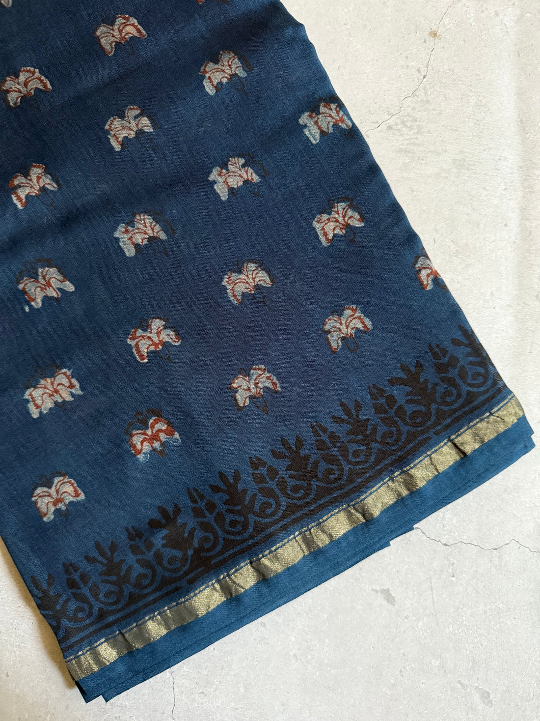 Kaushiki | Indigo Akola Block Printed Chanderi Saree