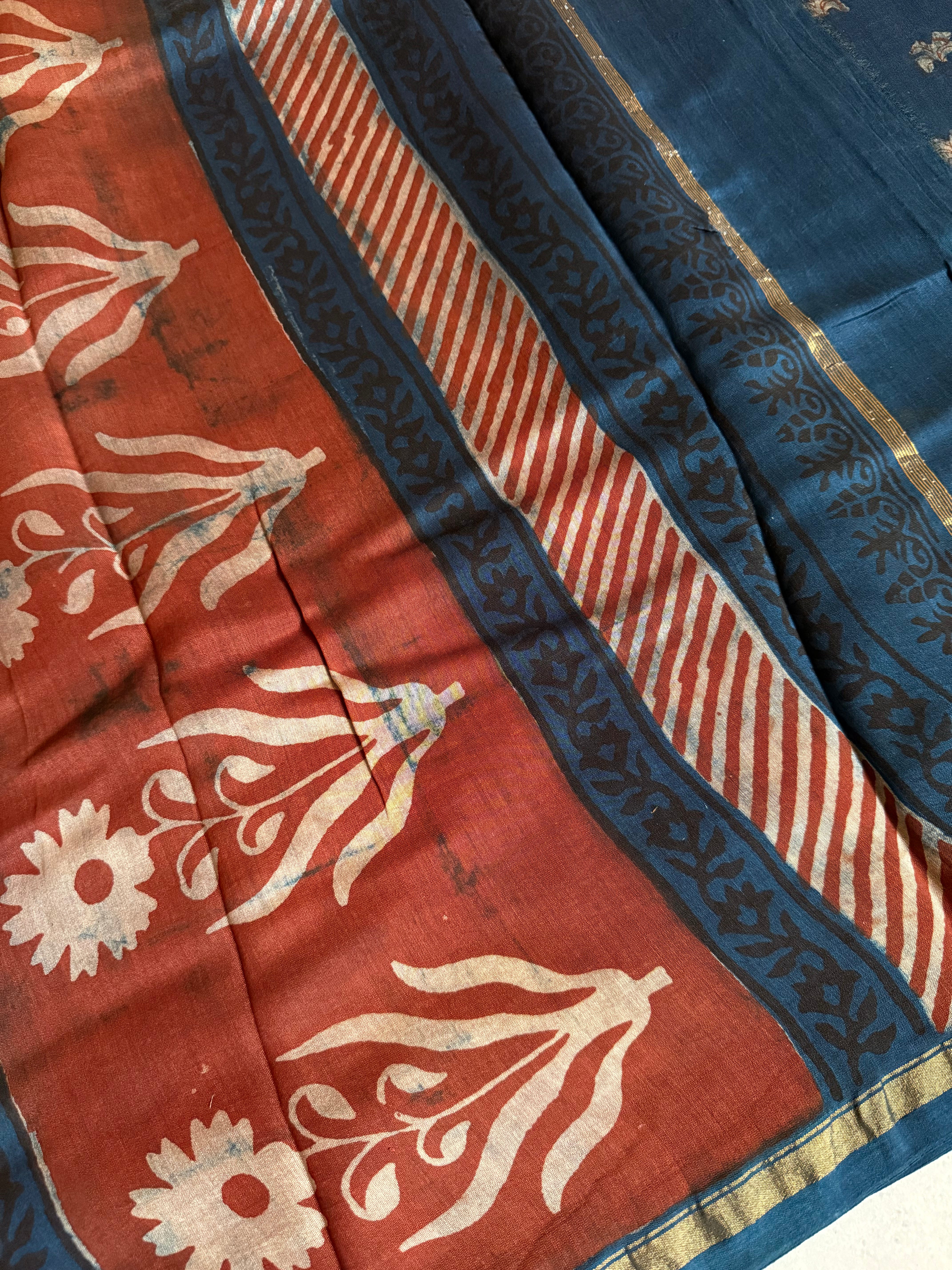 Kaushiki | Indigo Akola Block Printed Chanderi Saree