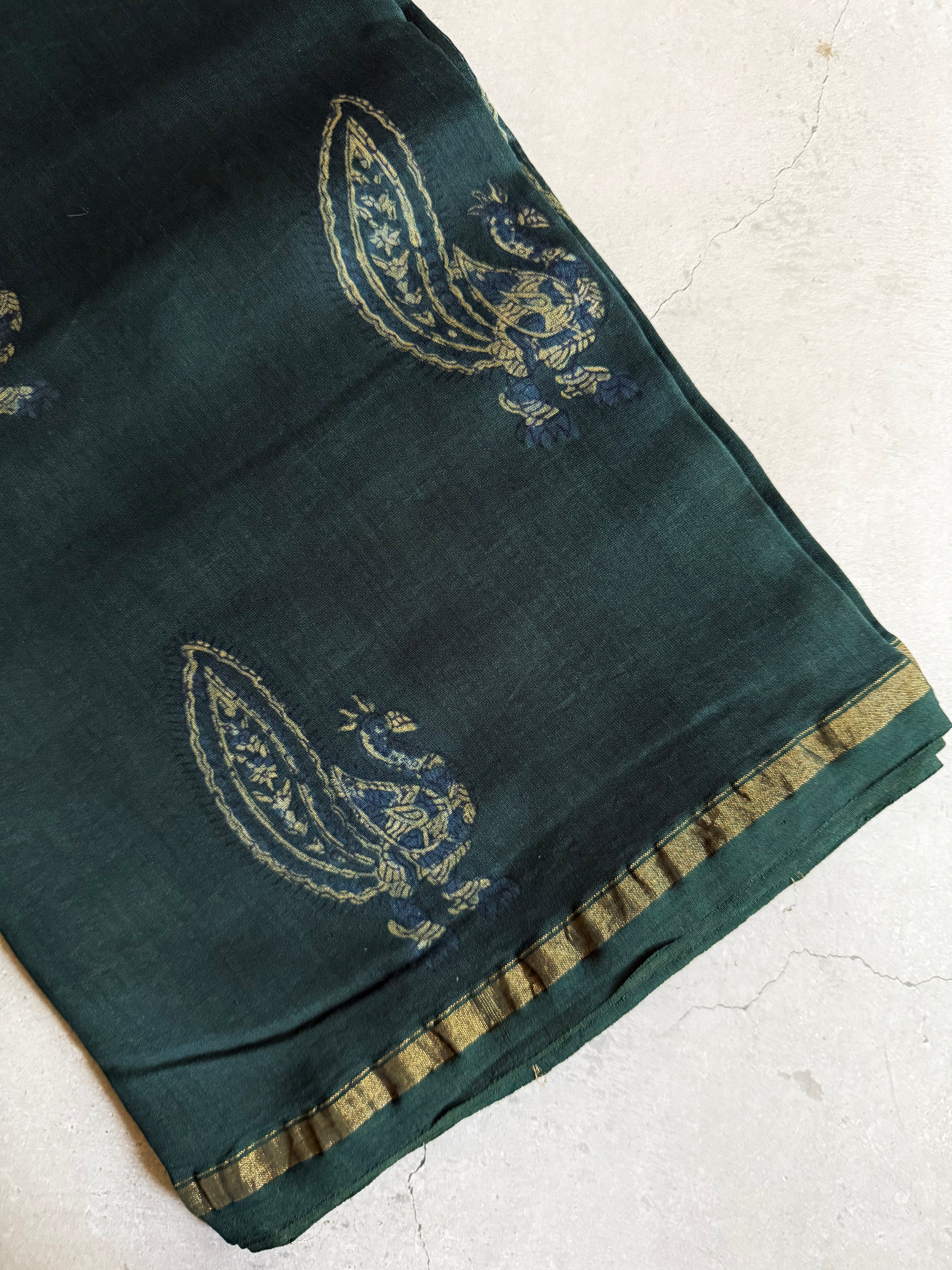 Ruthaksha | Bottle Green Akola Block Printed Chanderi Saree