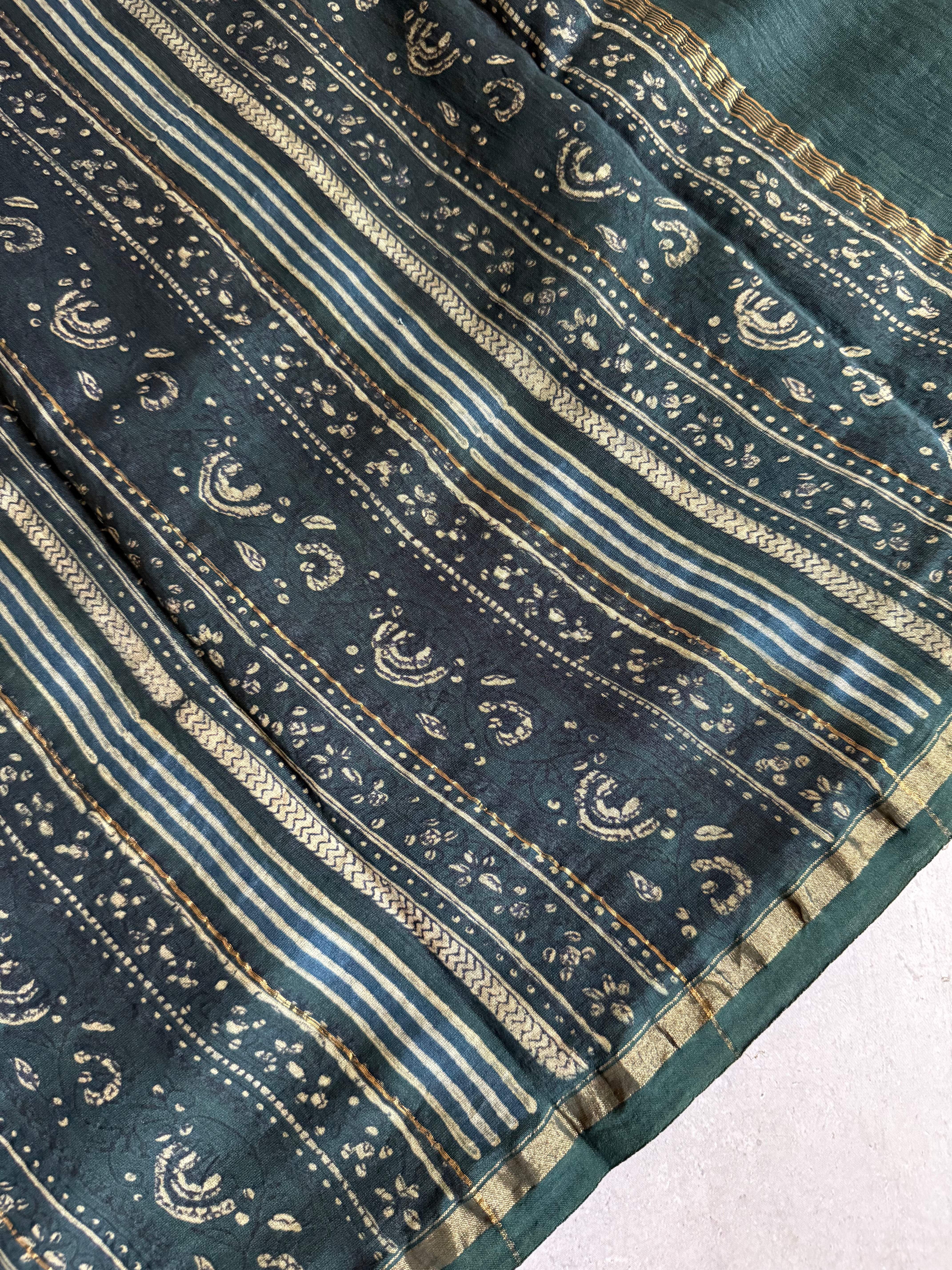 Ruthaksha | Bottle Green Akola Block Printed Chanderi Saree
