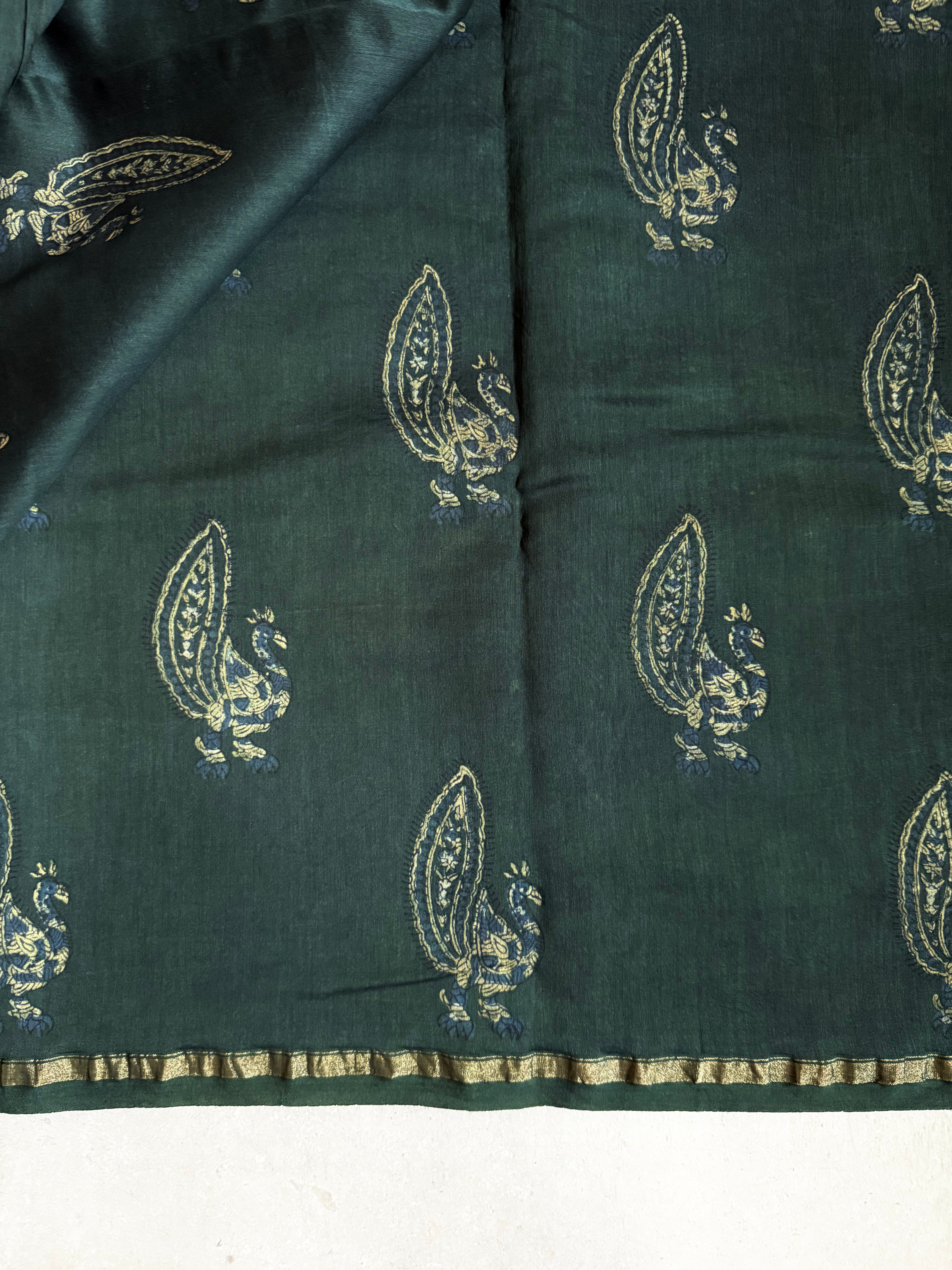 Ruthaksha | Bottle Green Akola Block Printed Chanderi Saree