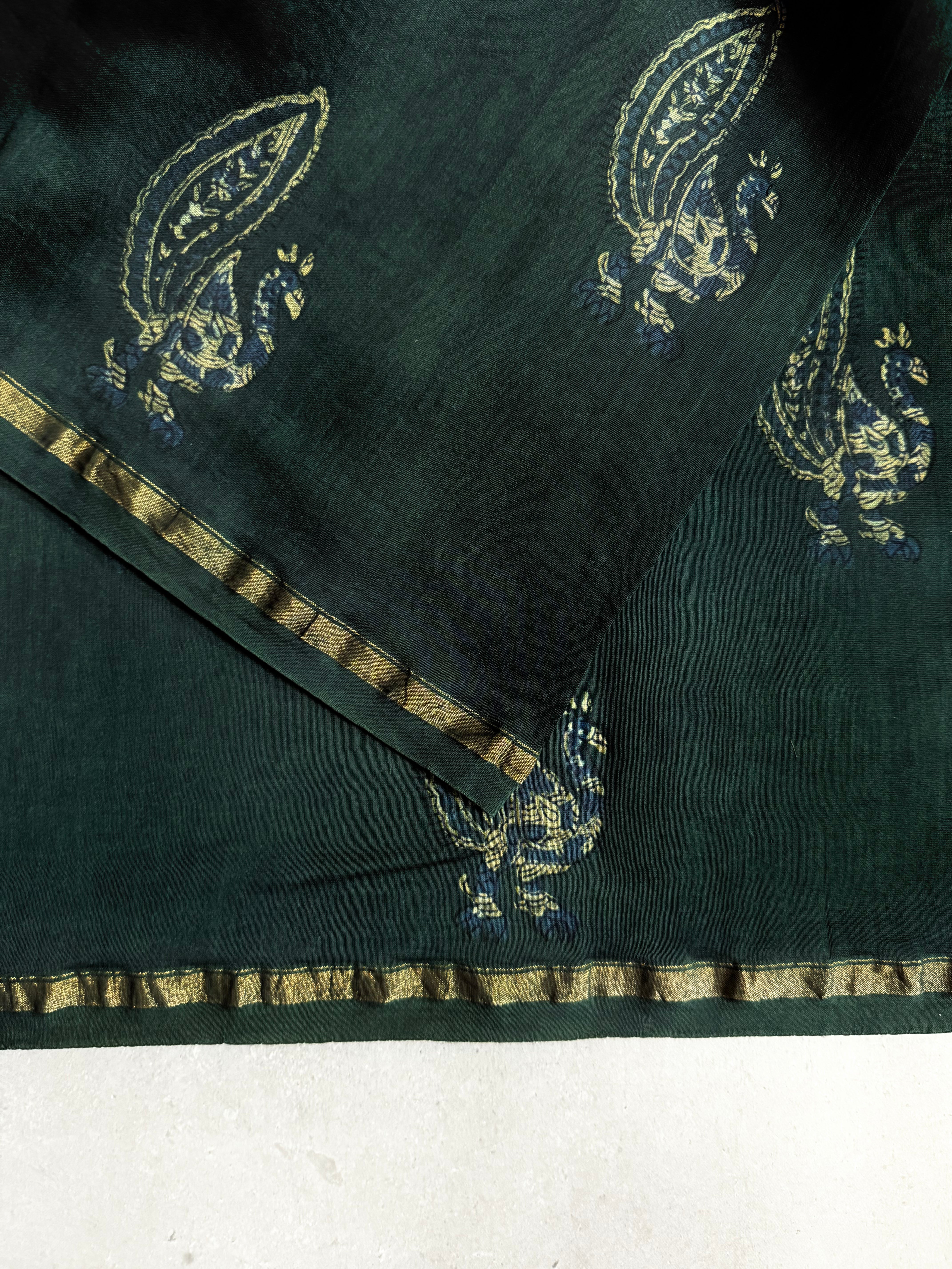Ruthaksha | Bottle Green Akola Block Printed Chanderi Saree