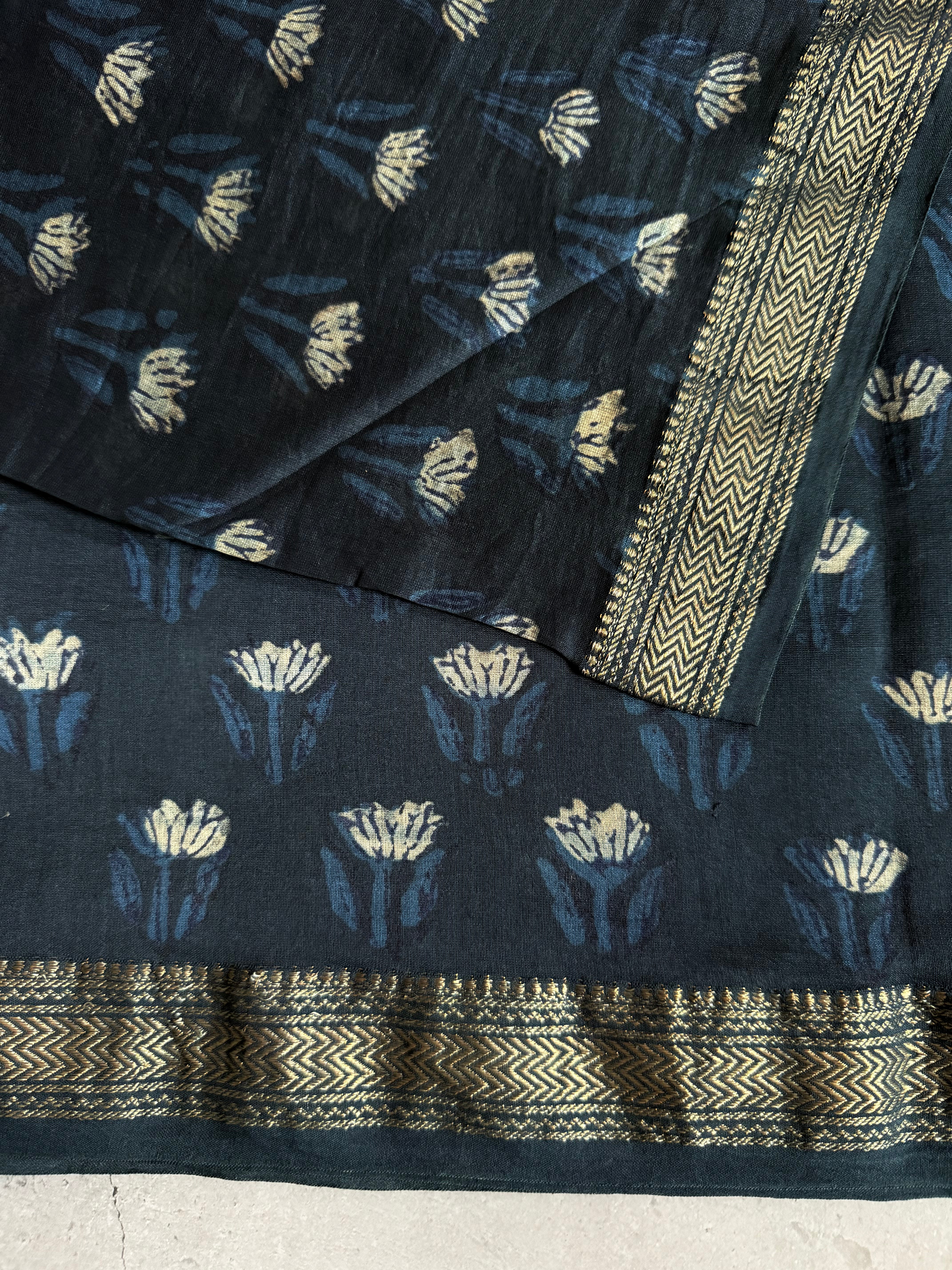 Nayithya | Indigo Akola Block Printed Maheshwari Saree