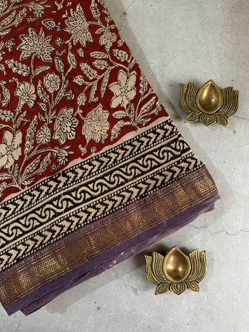 Lakshita | Maroon Block Printed Maheshwari Saree