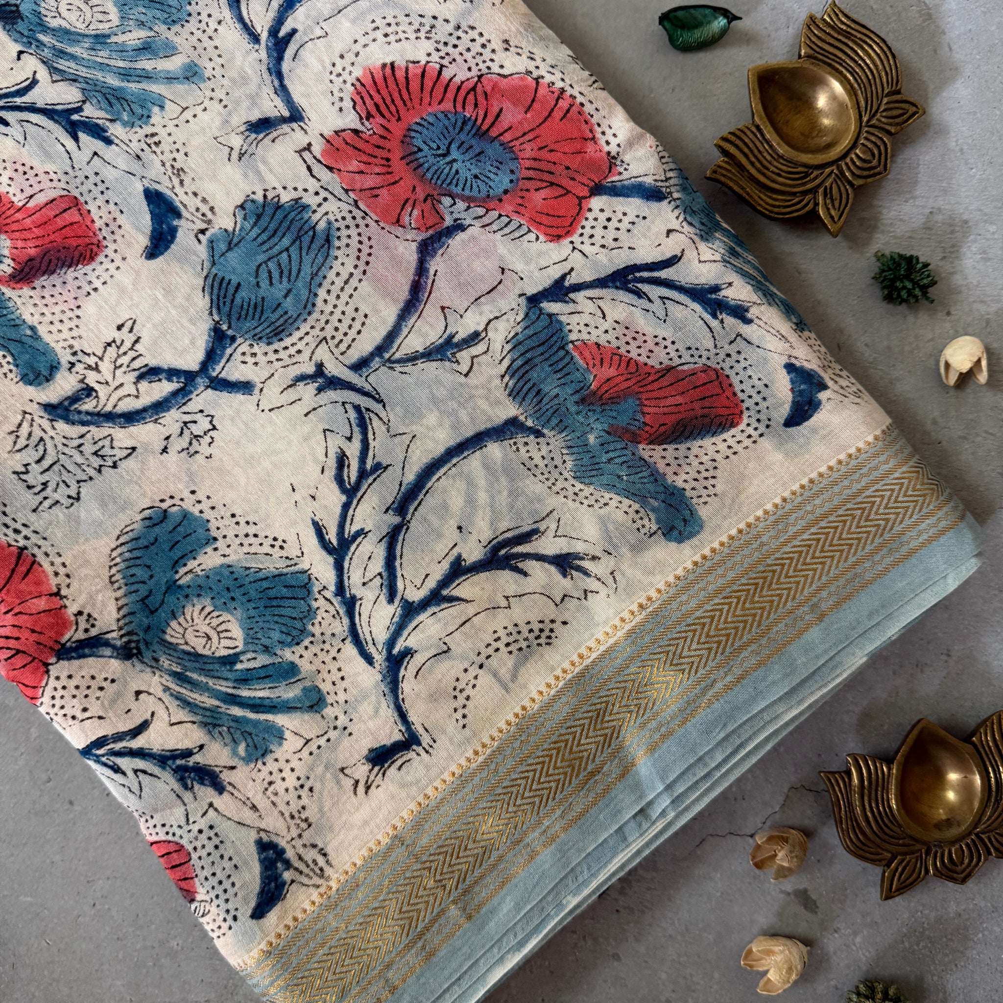 Nadika| White Floral Block Printed Maheshwari Saree