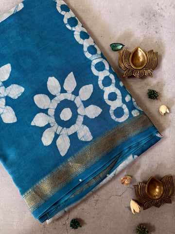 Shilaa| Blue and white Block Printed Maheshwari Saree