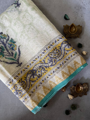 Parna | White and Blue Block Printed Maheshwari Saree