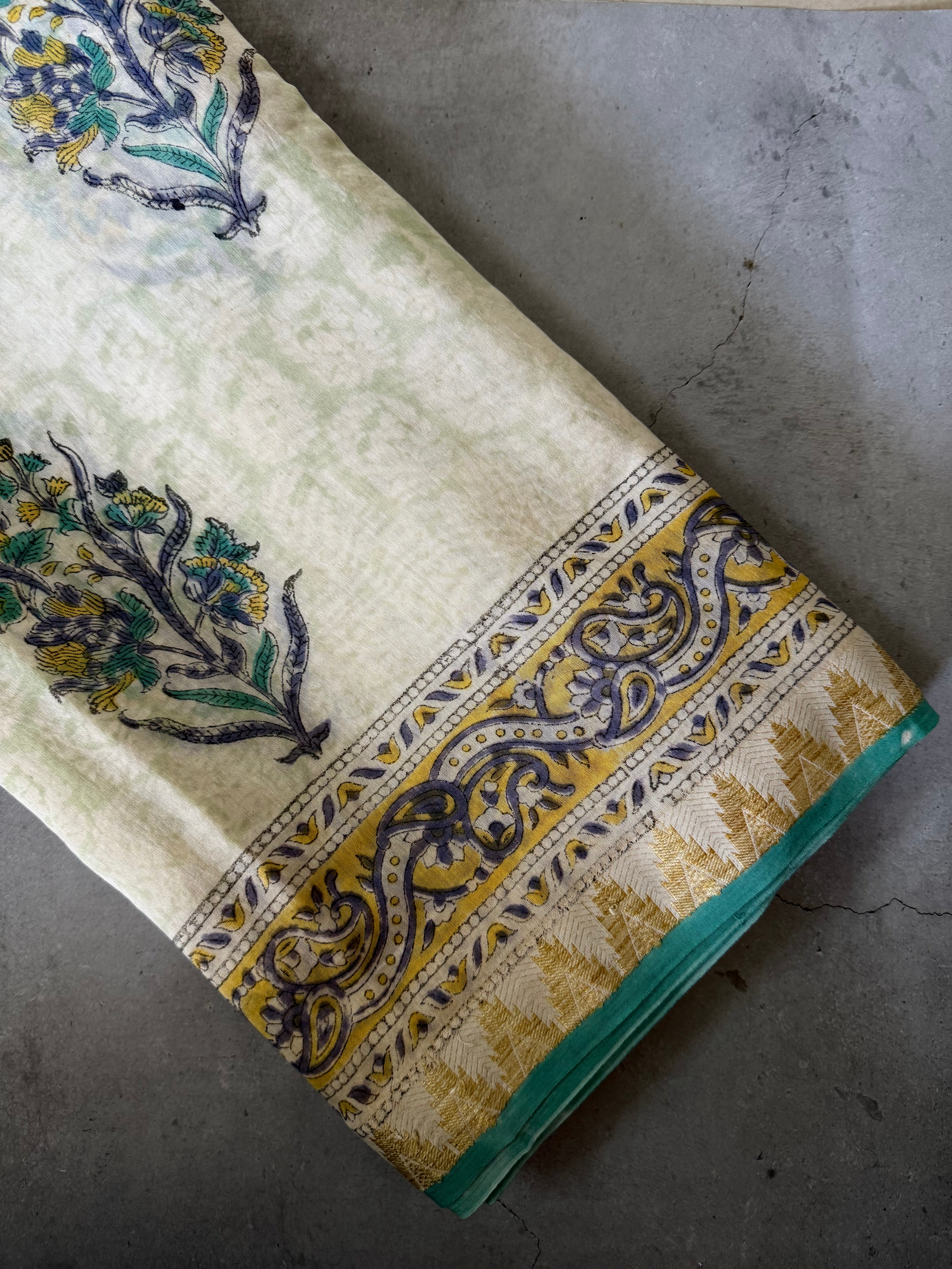 Parna | White and Blue Block Printed Maheshwari Saree