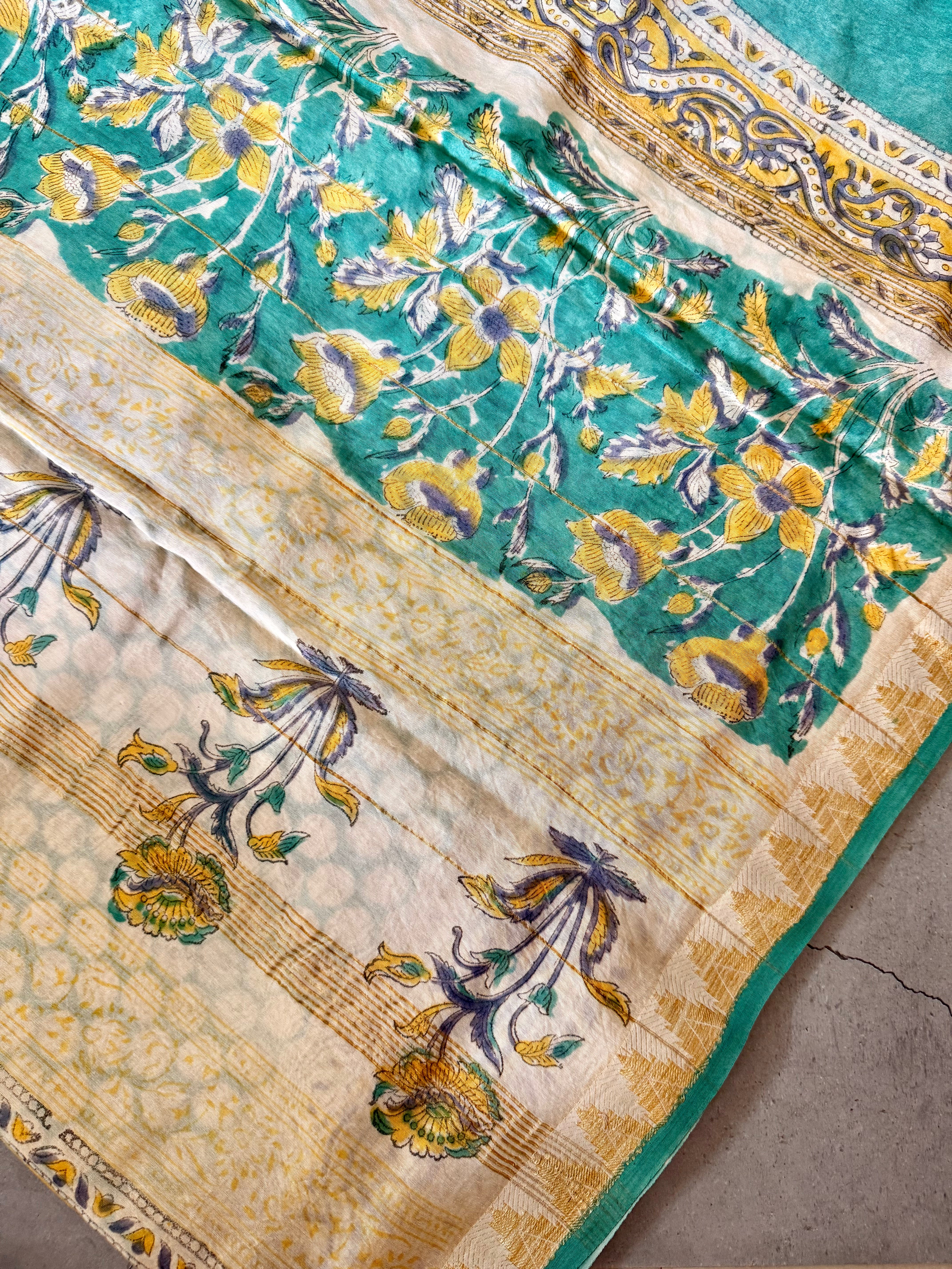 Parna | White and Blue Block Printed Maheshwari Saree