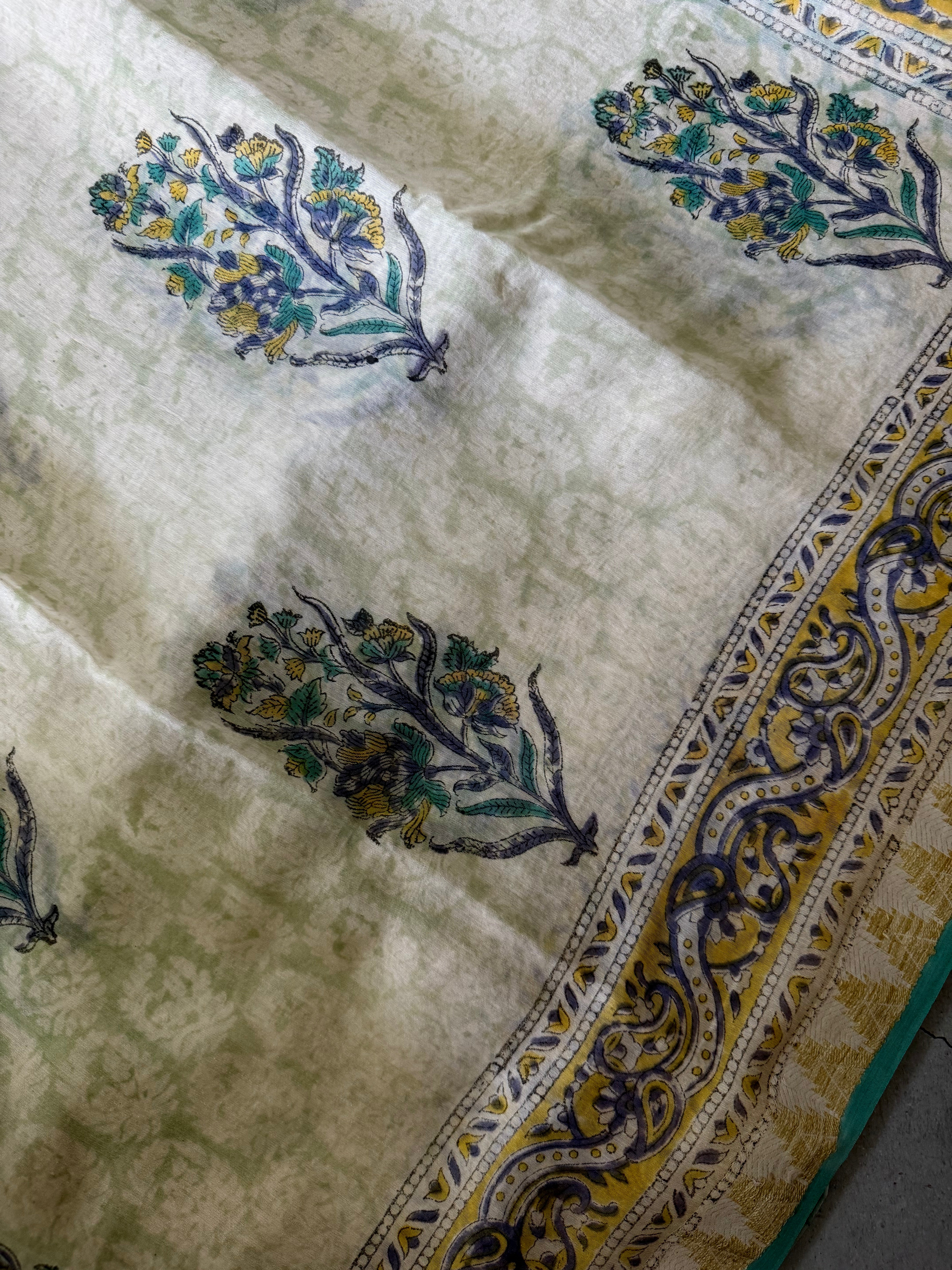 Parna | White and Blue Block Printed Maheshwari Saree