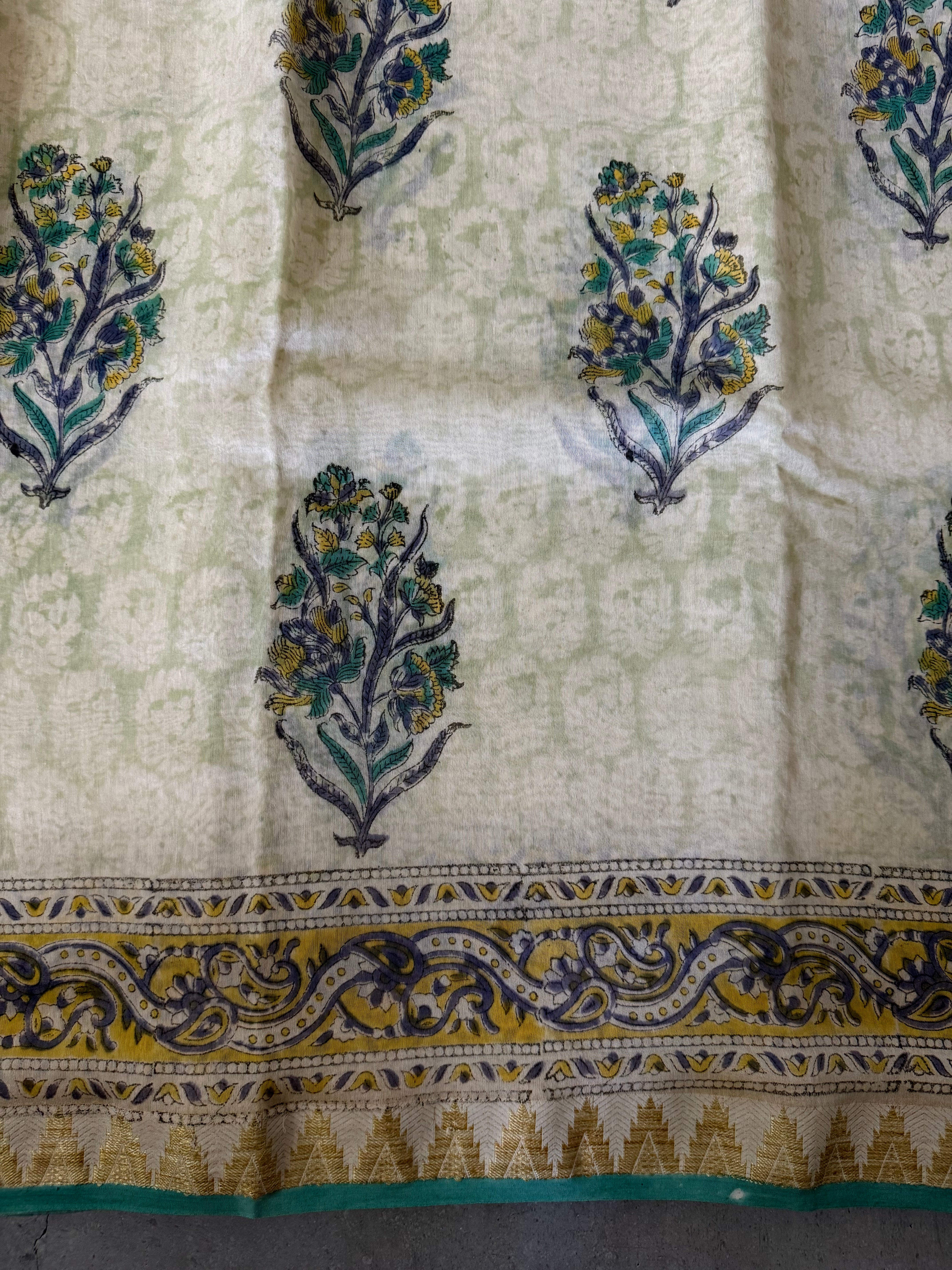 Parna | White and Blue Block Printed Maheshwari Saree