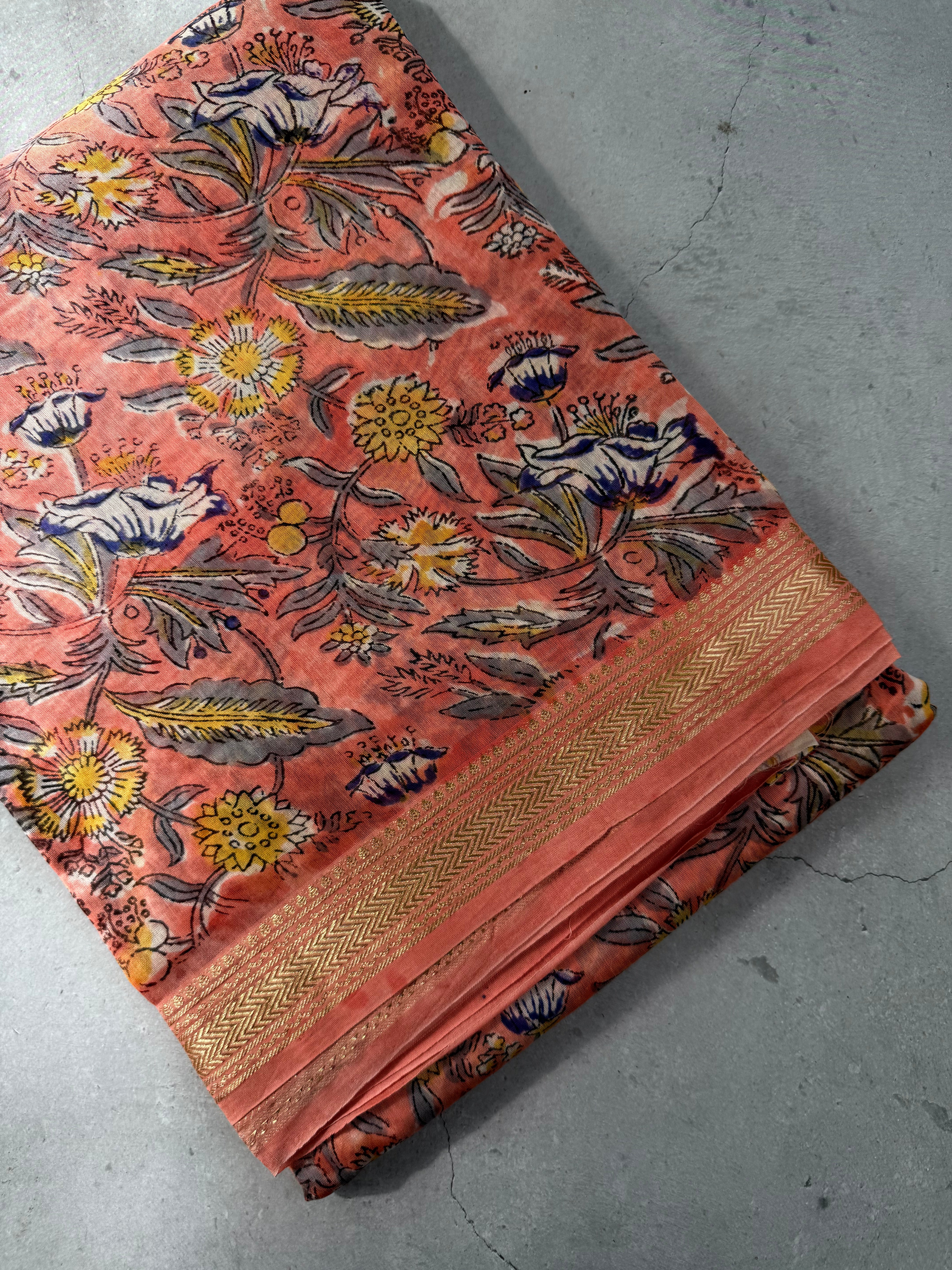 Kashiyapa| Coral Pink Block Printed Maheshwari Saree