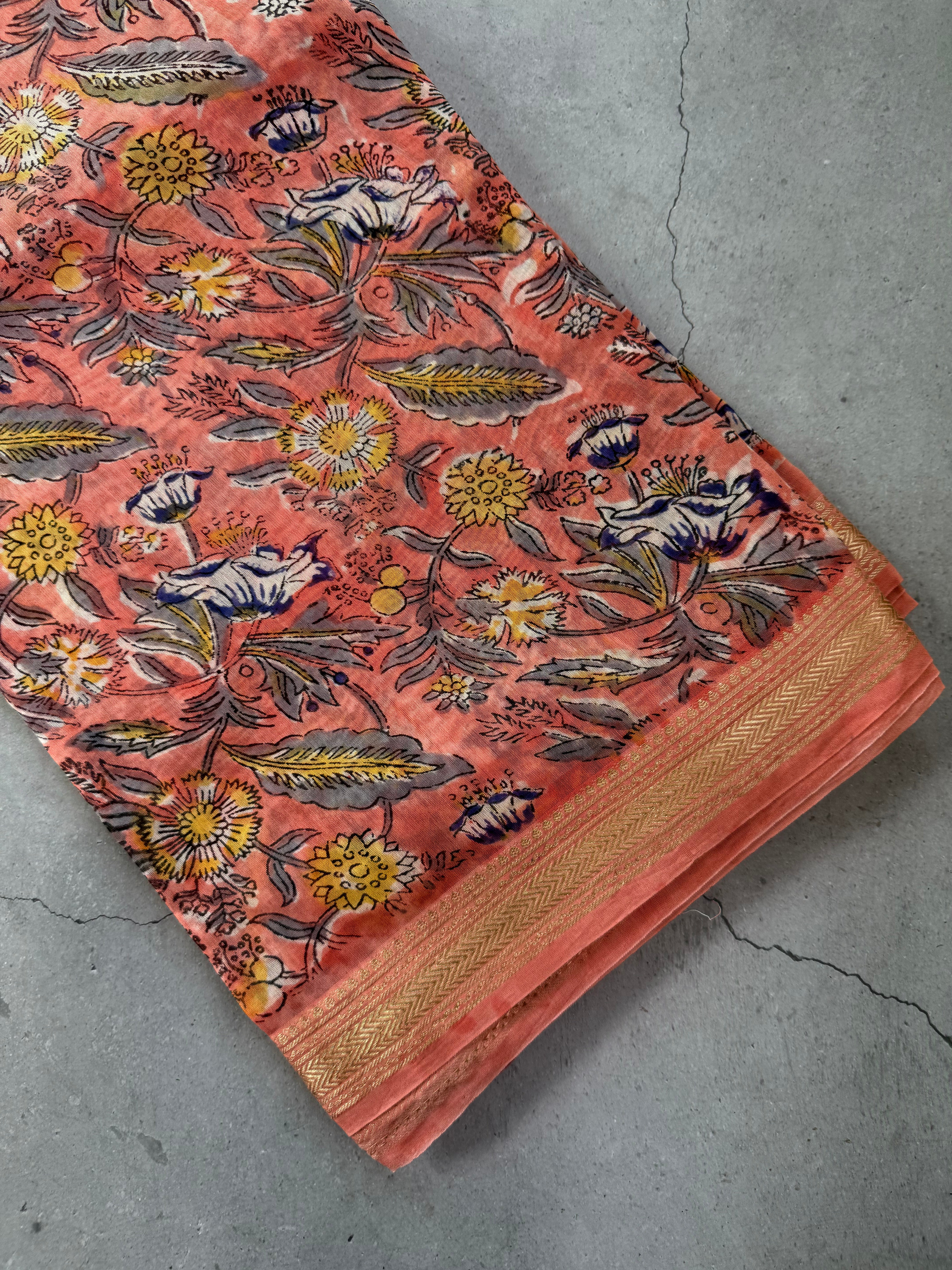 Kashiyapa| Coral Pink Block Printed Maheshwari Saree