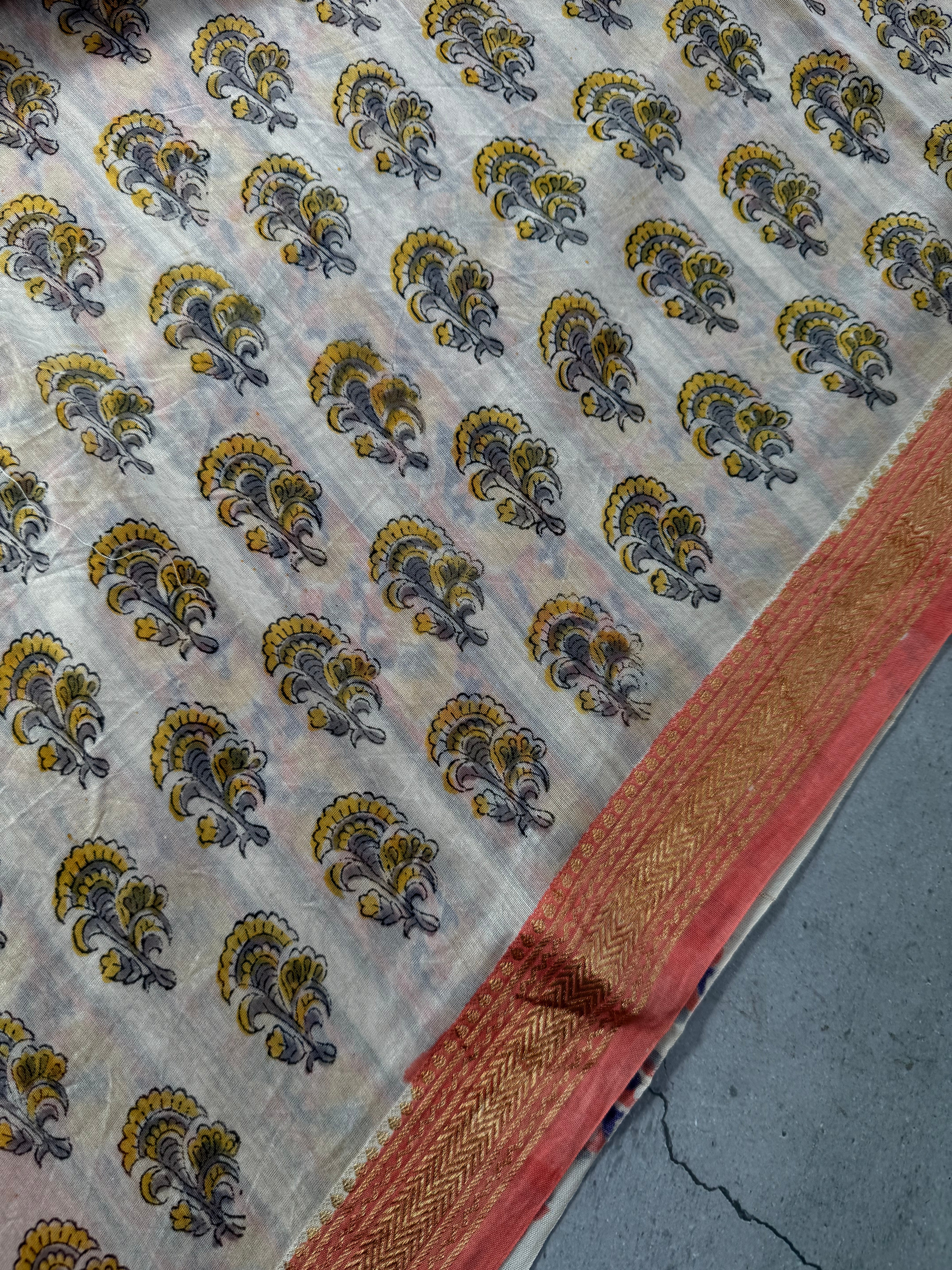 Kashiyapa| Coral Pink Block Printed Maheshwari Saree