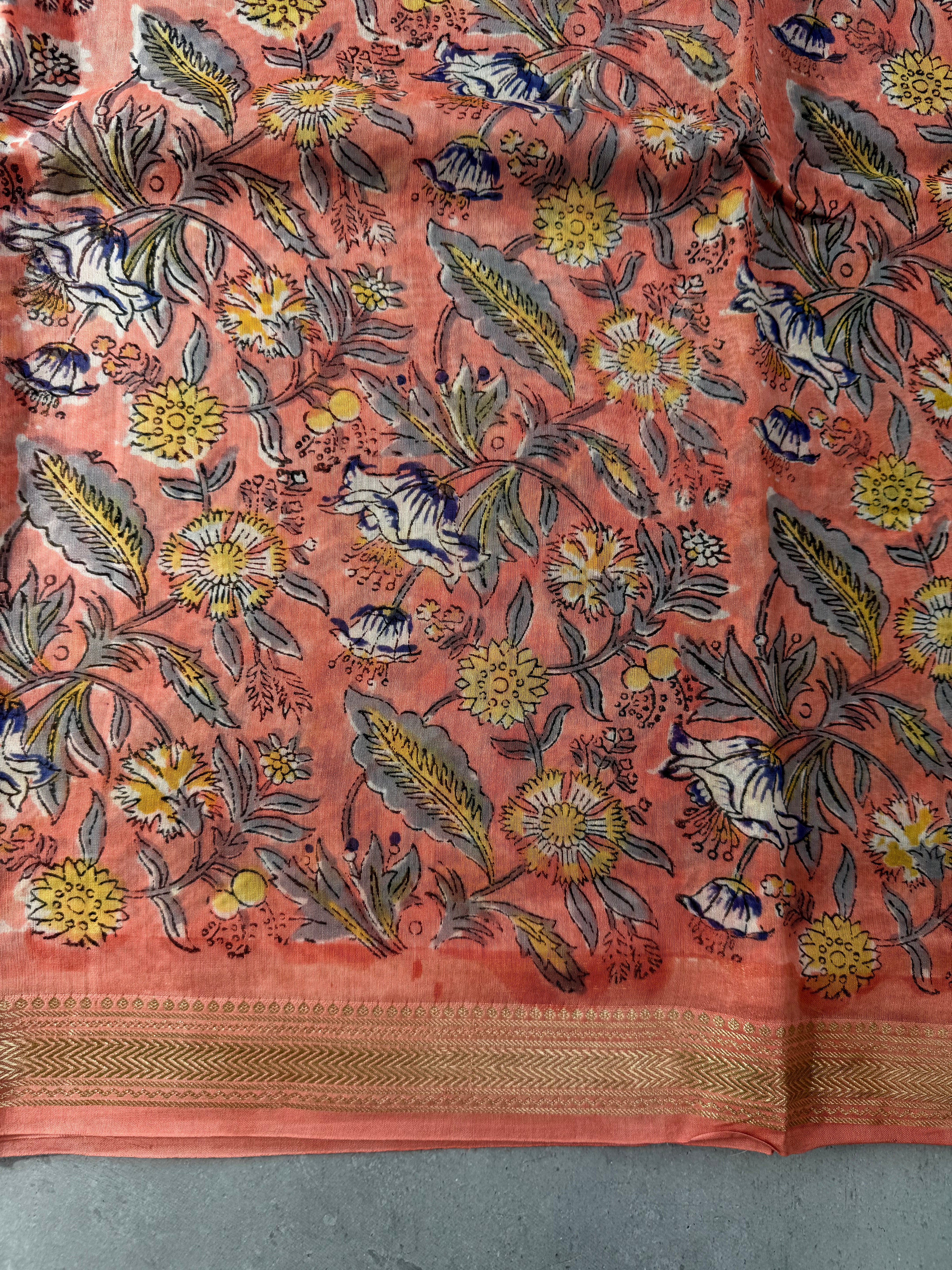 Kashiyapa| Coral Pink Block Printed Maheshwari Saree