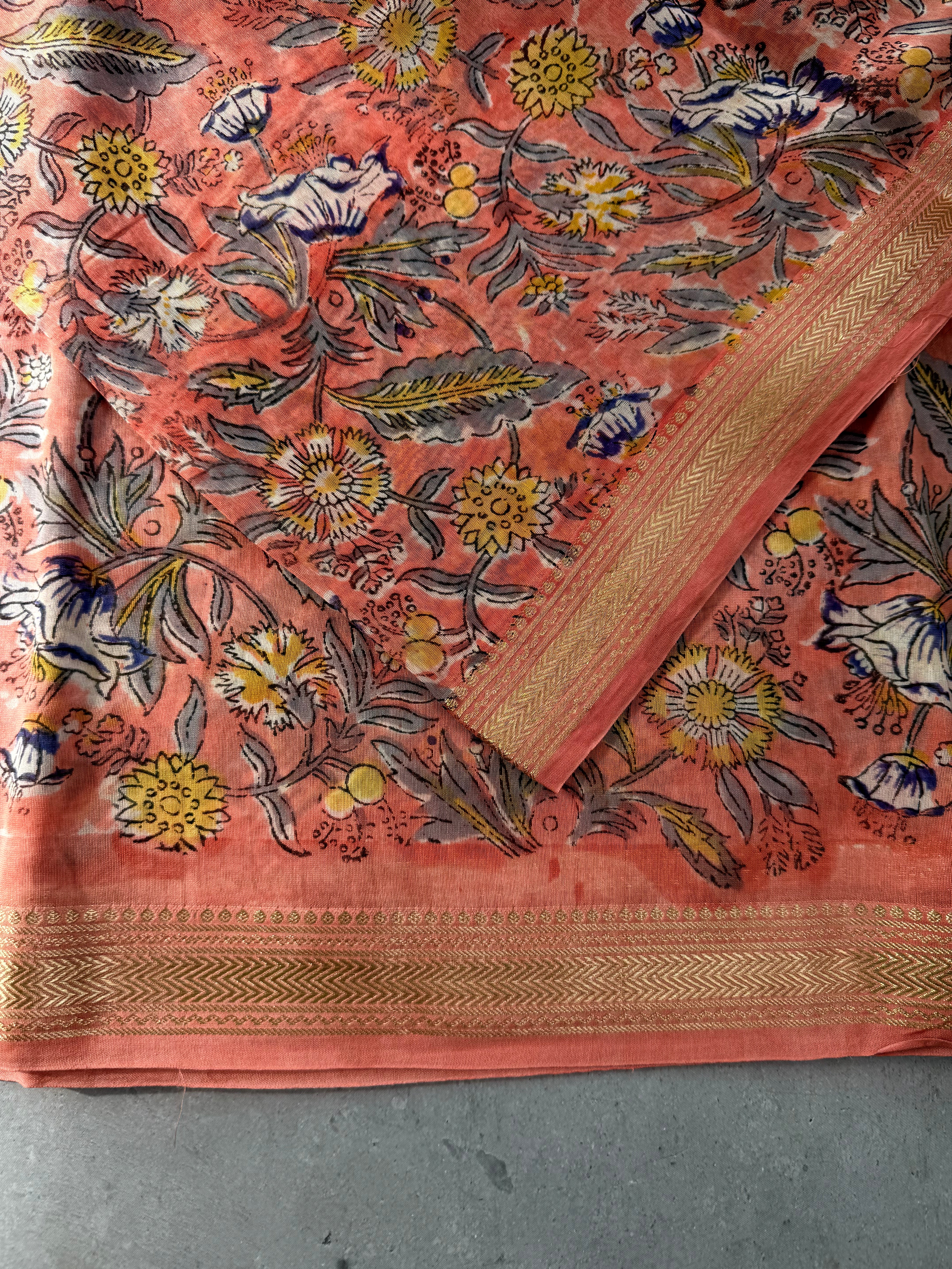 Kashiyapa| Coral Pink Block Printed Maheshwari Saree