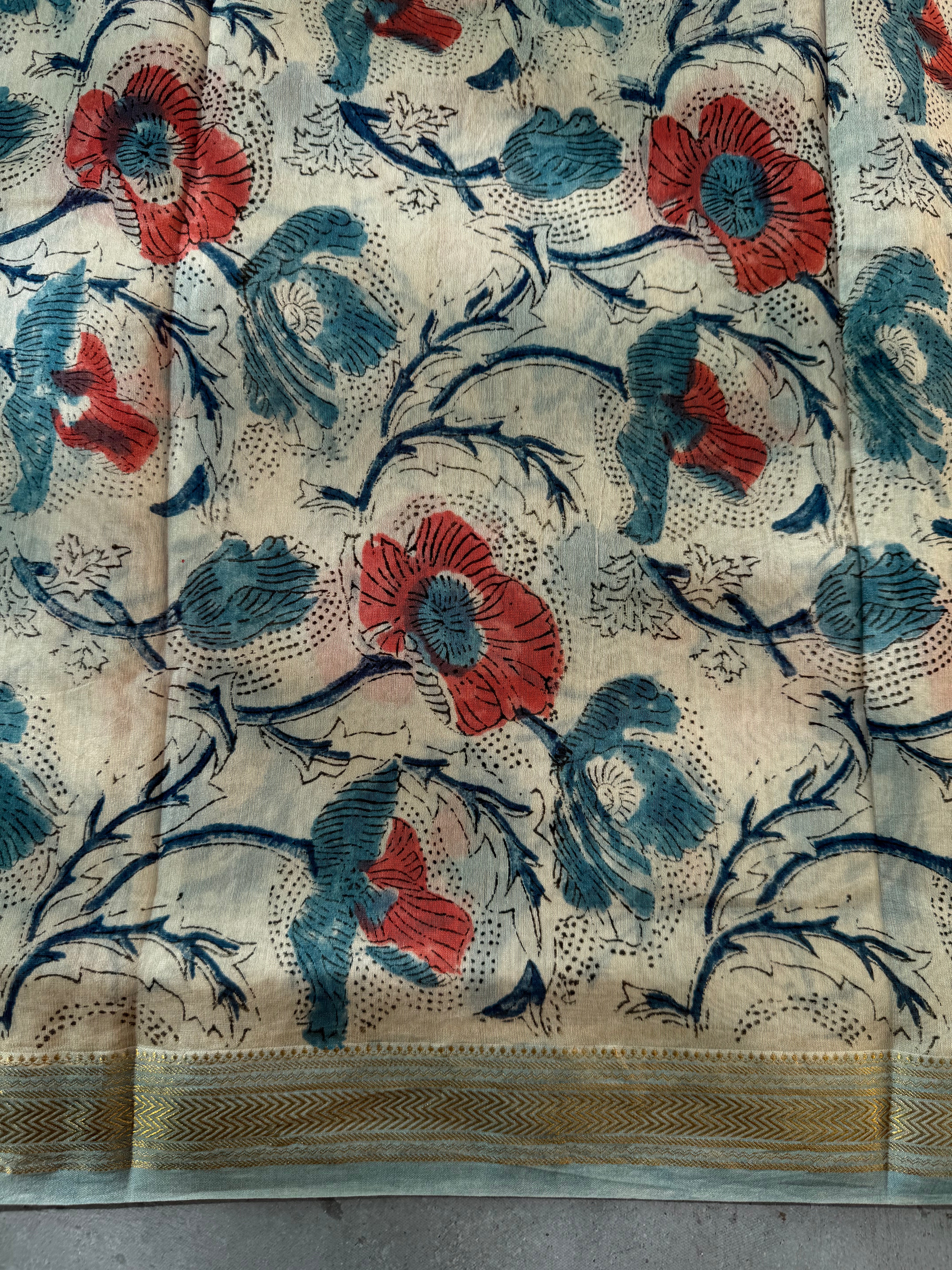 Nadika| White Floral Block Printed Maheshwari Saree