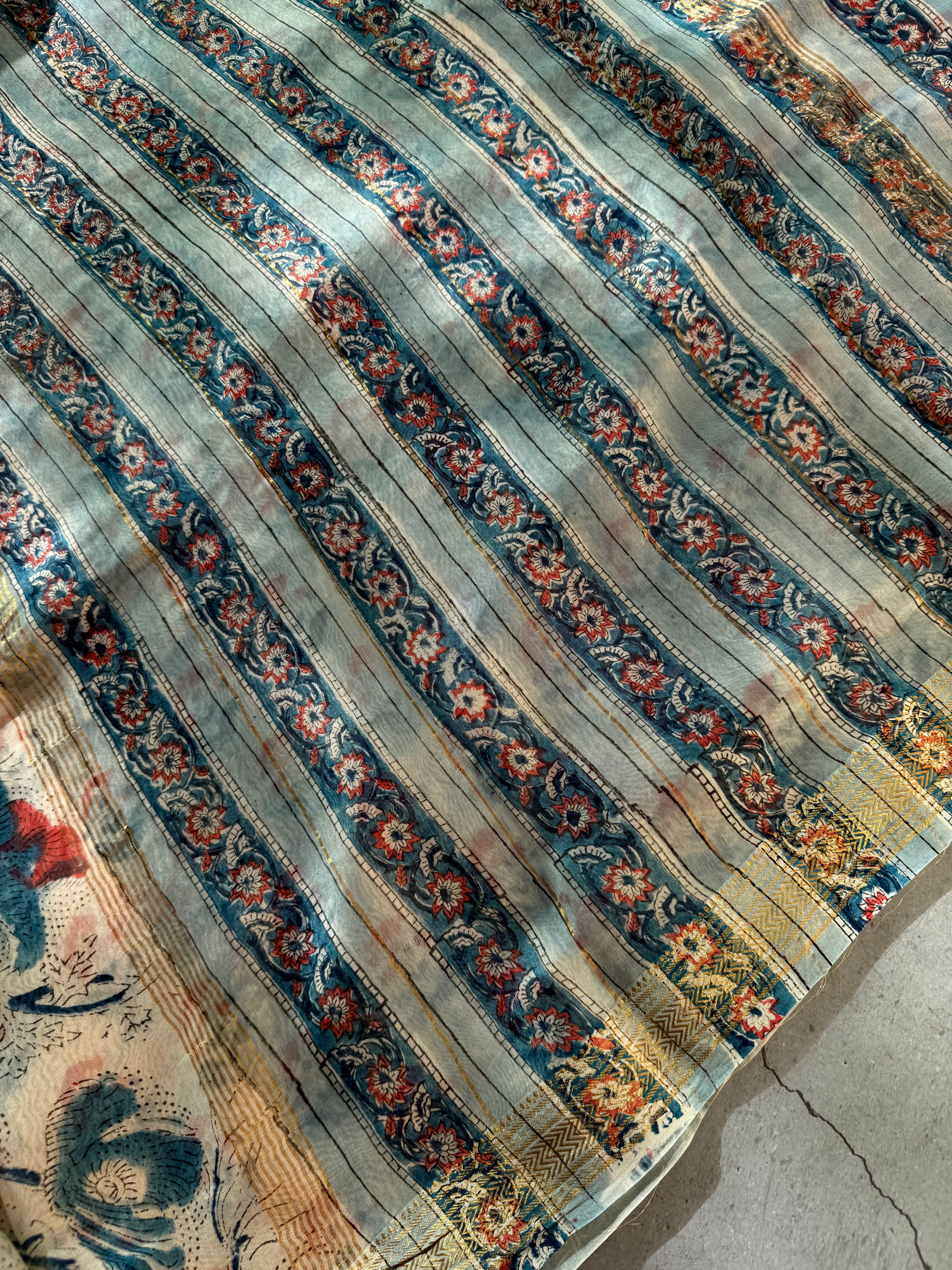 Nadika| White Floral Block Printed Maheshwari Saree